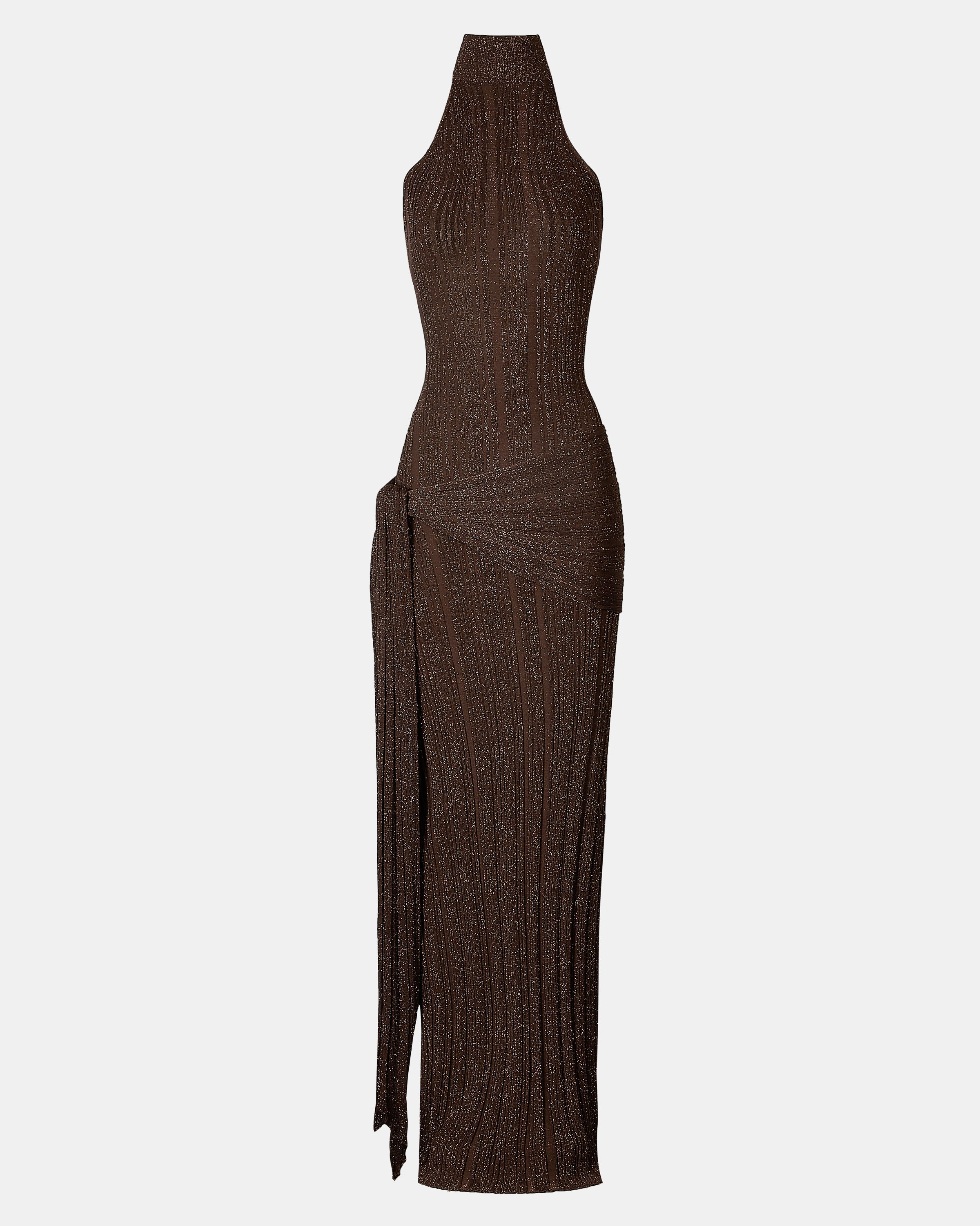 Fine Knit Gathered Halter Neck Maxi Dress - Carob Shimmer