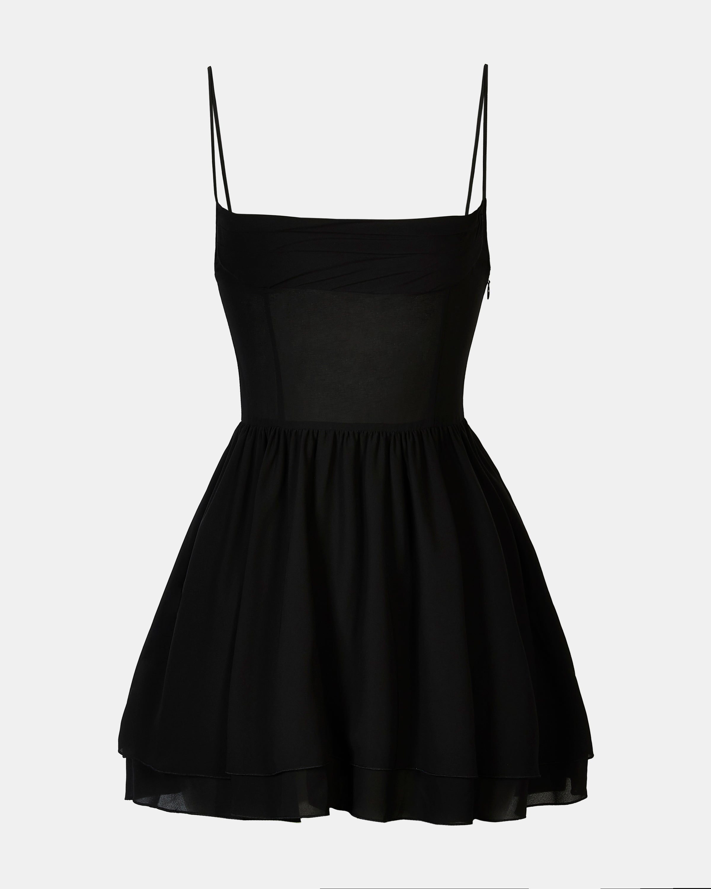 Chiffon Tiered Babydoll Mini Dress - Black