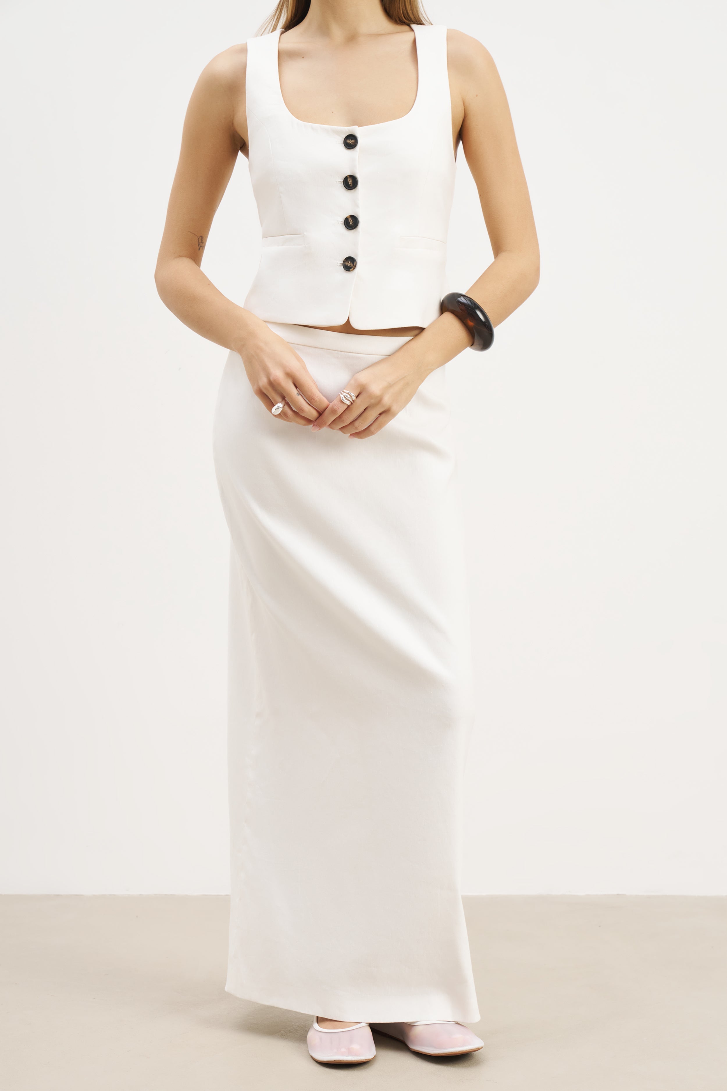 Mid Rise Linen Maxi Skirt - White