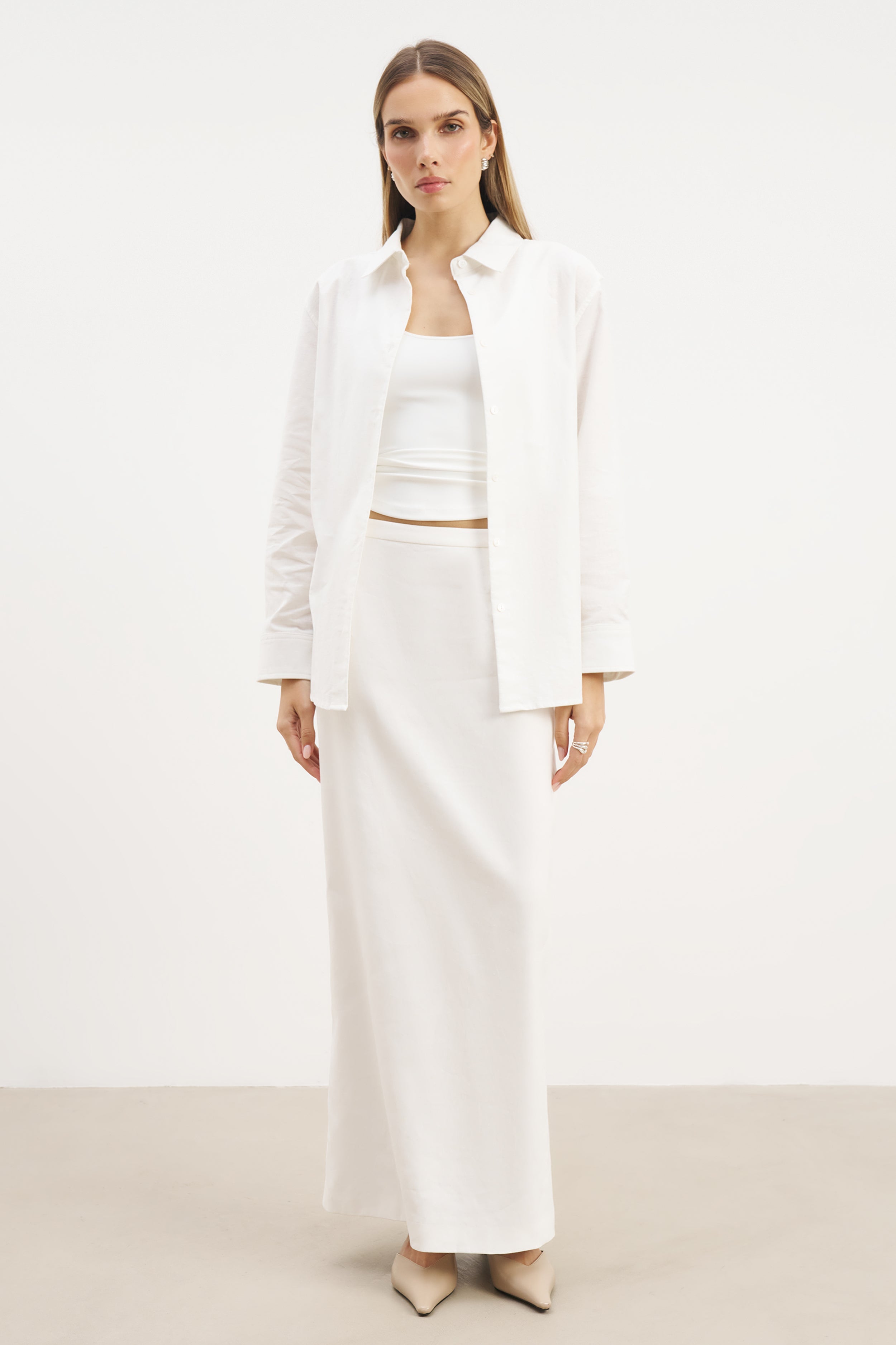 Mid Rise Linen Maxi Skirt - White