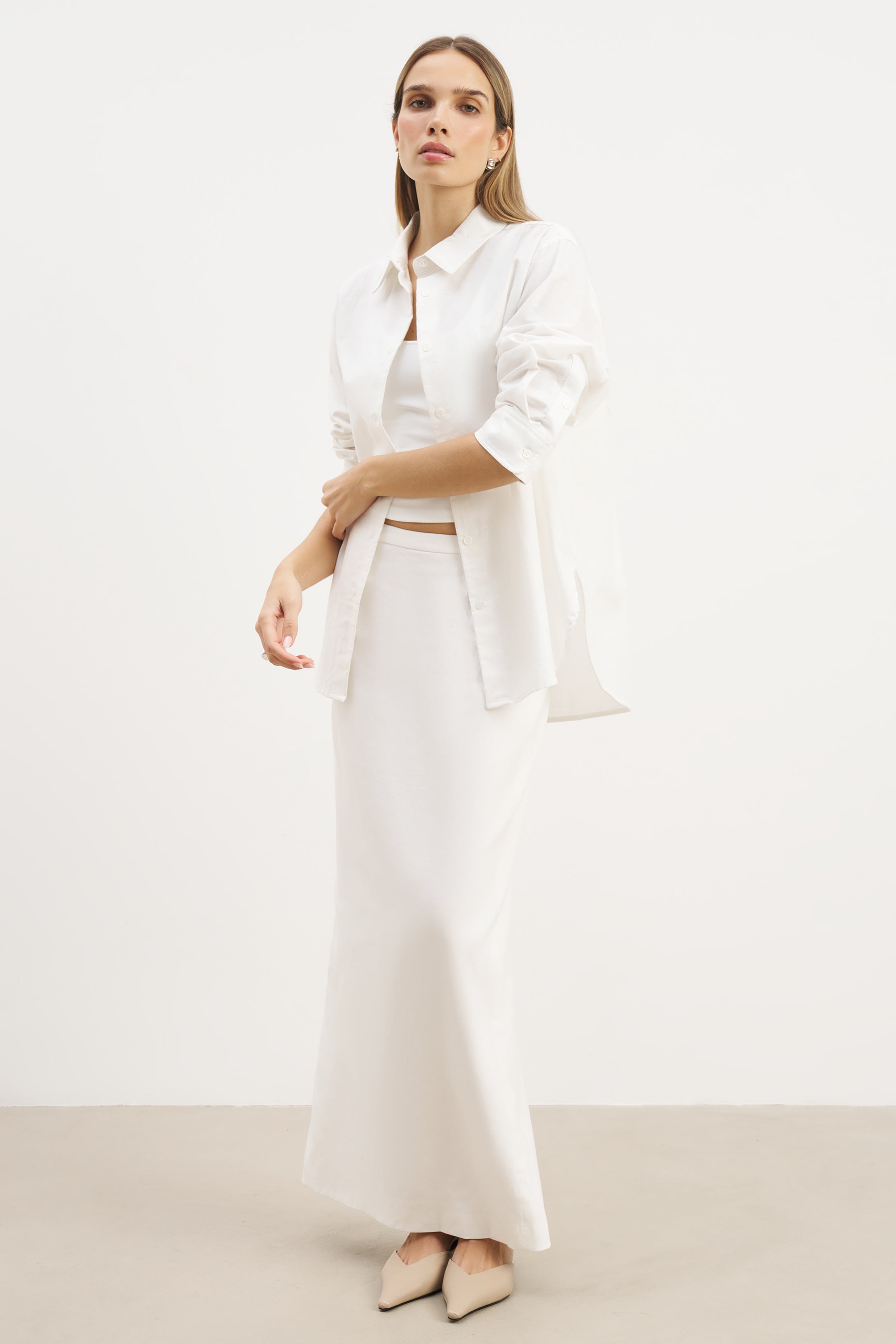 Mid Rise Linen Maxi Skirt - White