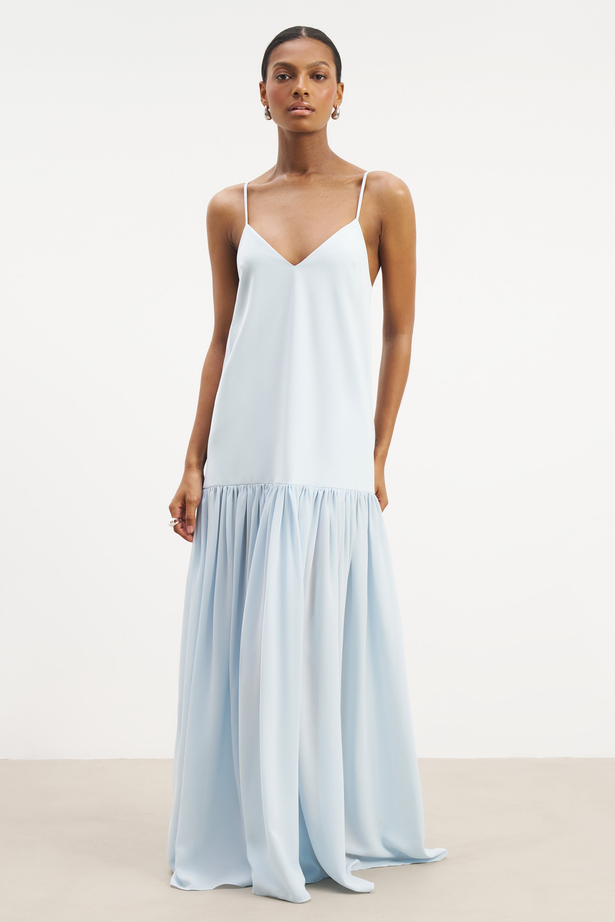 Flowing Dropped Waist Maxi Dress - Powder Blue Flowing Dropped Waist Maxi Dress - Powder Blue
