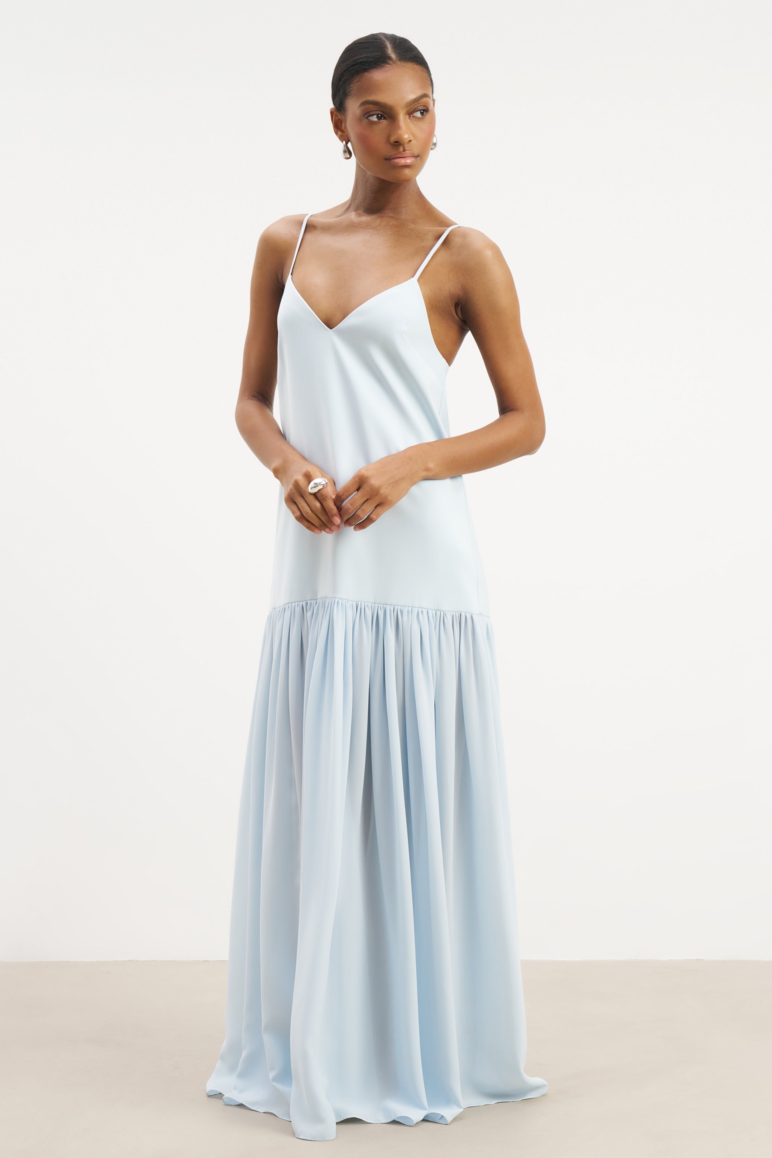 Flowing Dropped Waist Maxi Dress - Powder Blue