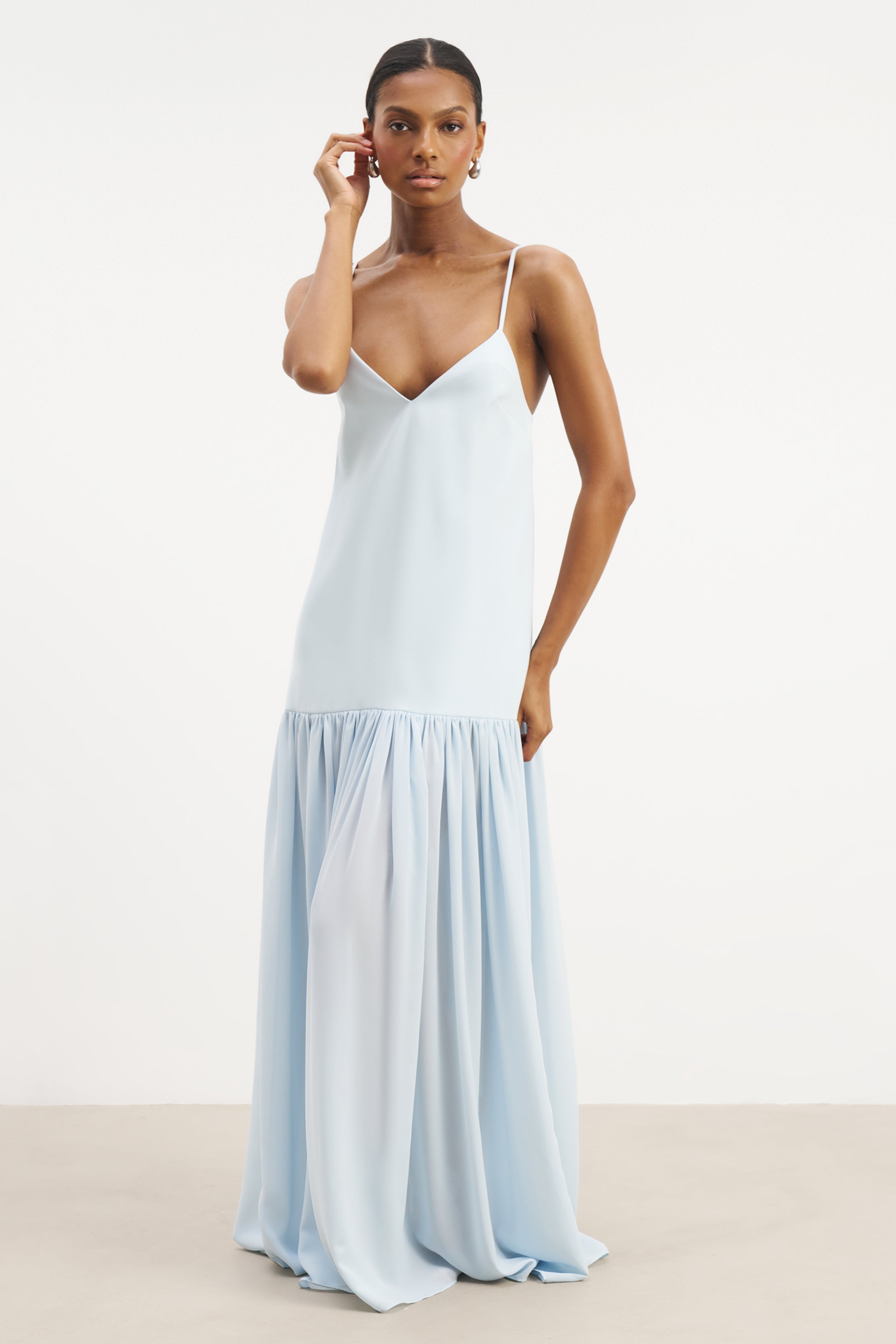 Flowing Dropped Waist Maxi Dress - Powder Blue