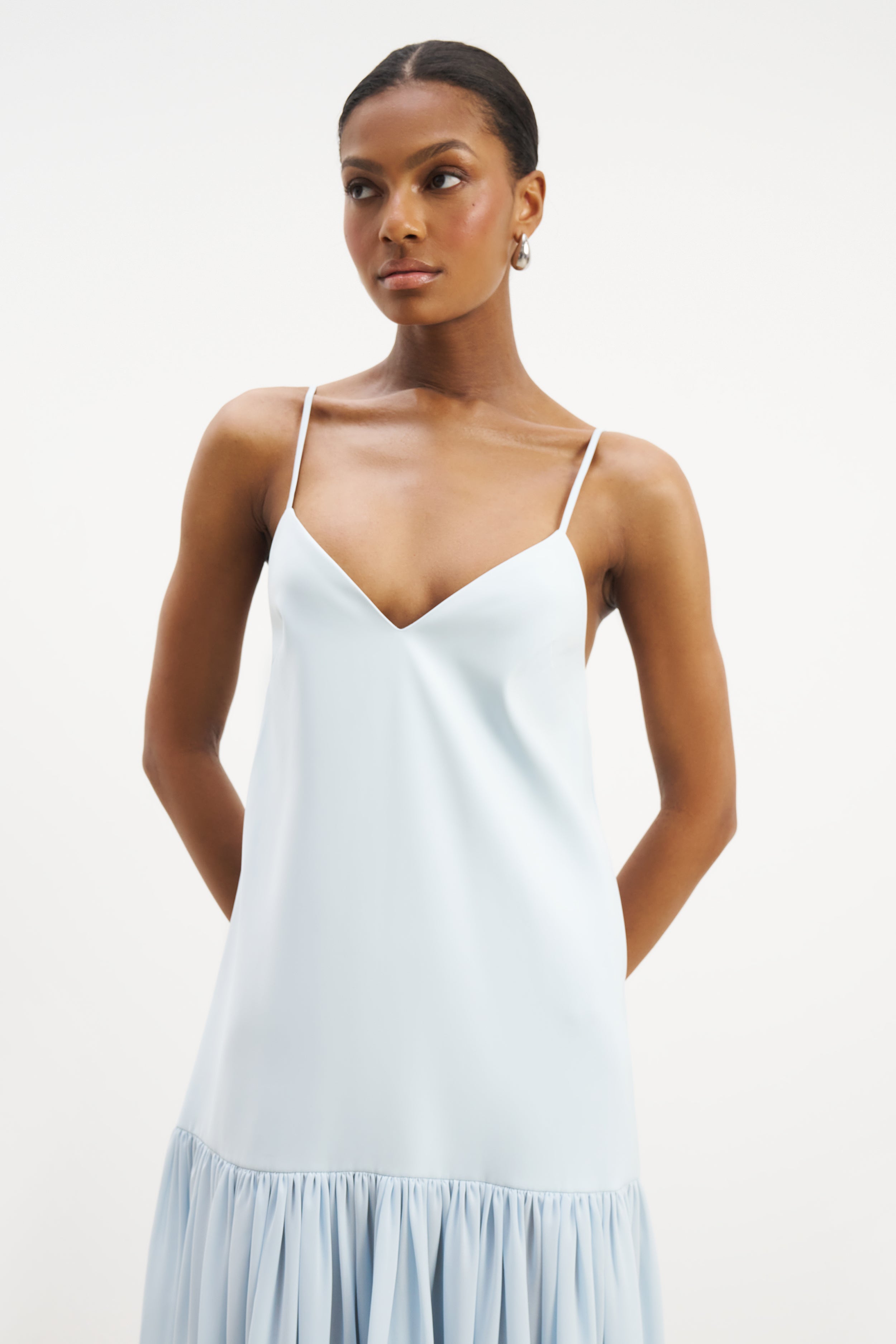 Flowing Dropped Waist Maxi Dress - Powder Blue