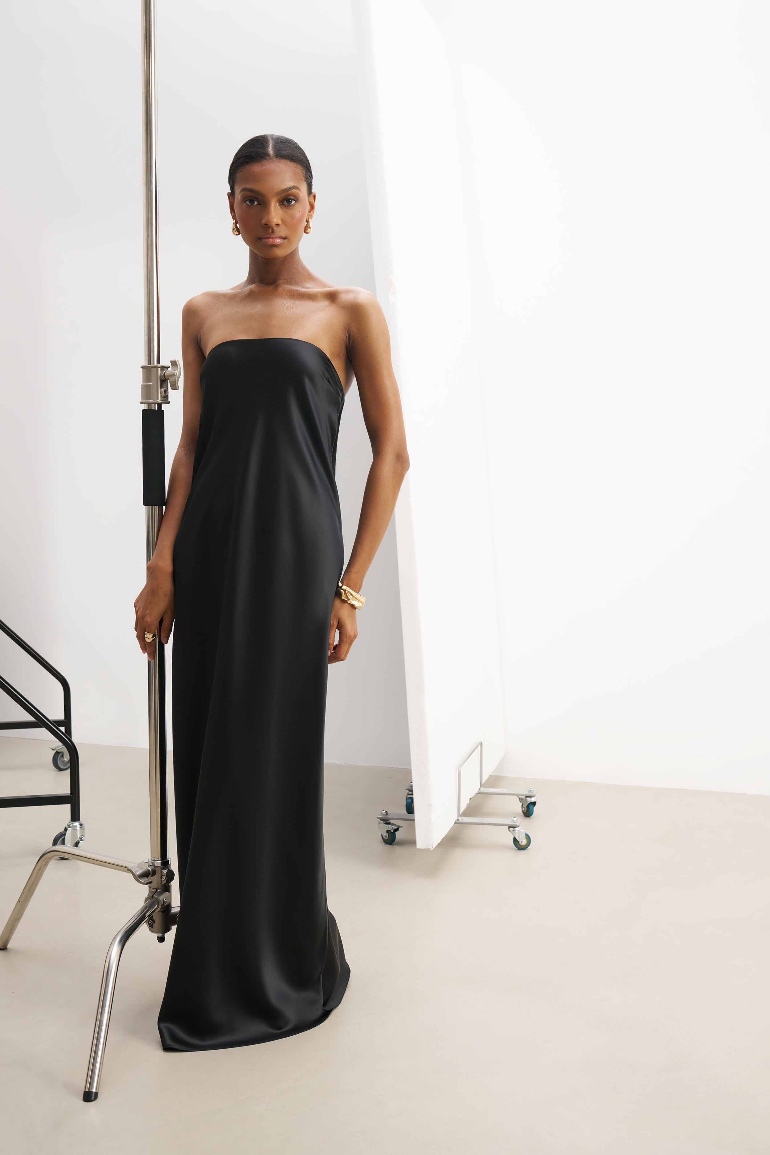 Satin Cowl Back Maxi Dress - Black