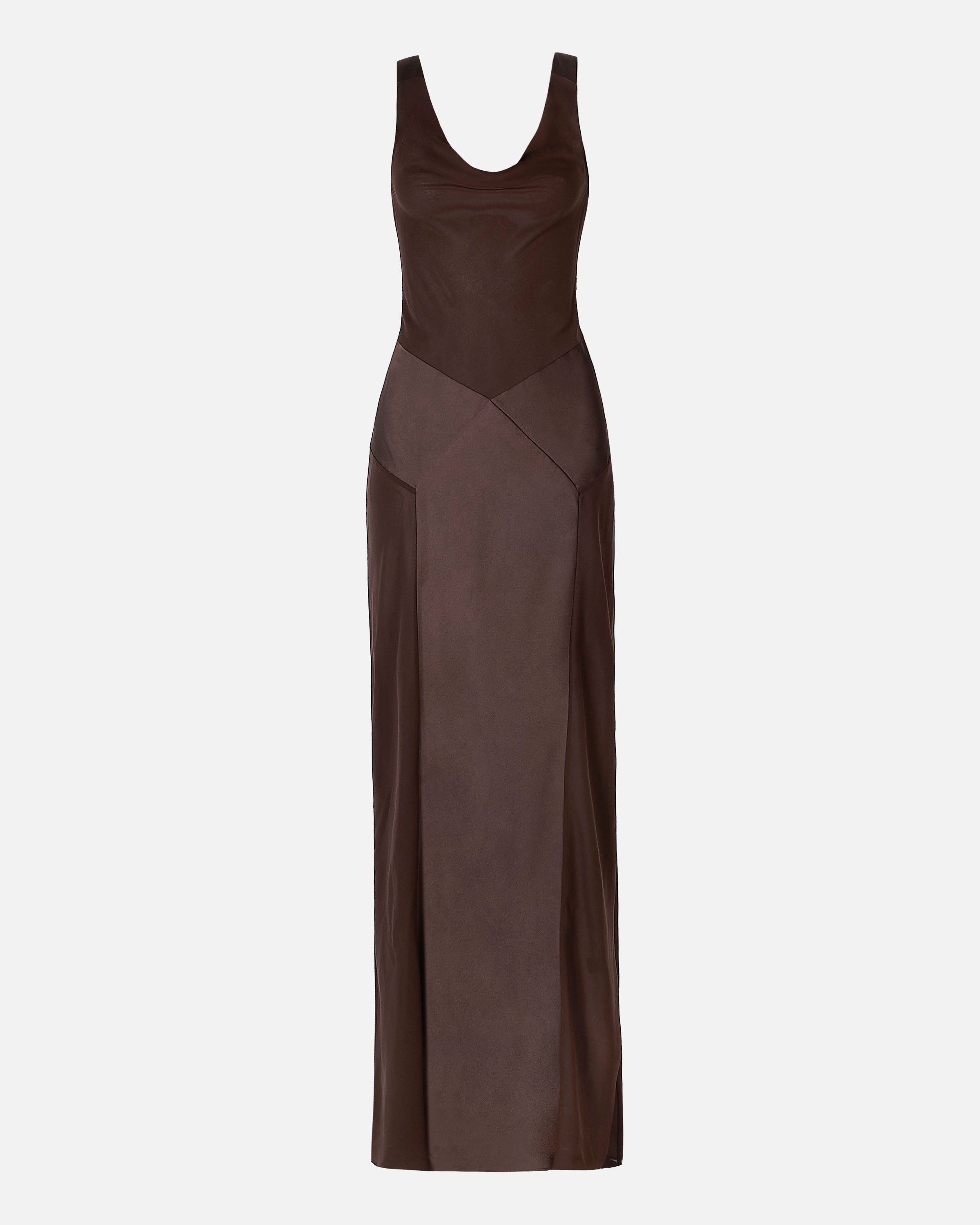 Cowl Neck Satin Panel Gown - Carob