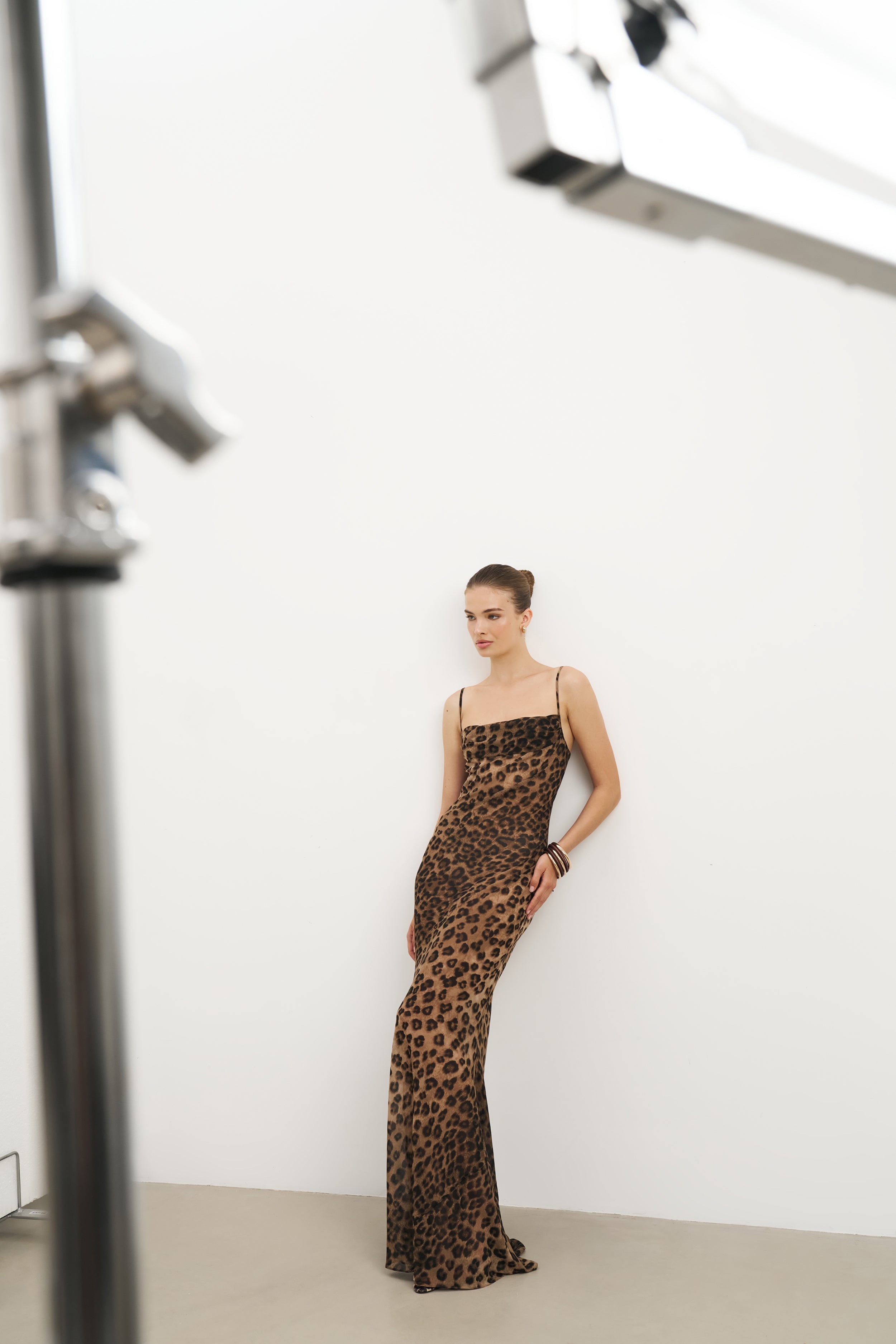 Ruched Chiffon Maxi Dress - Leopard Print