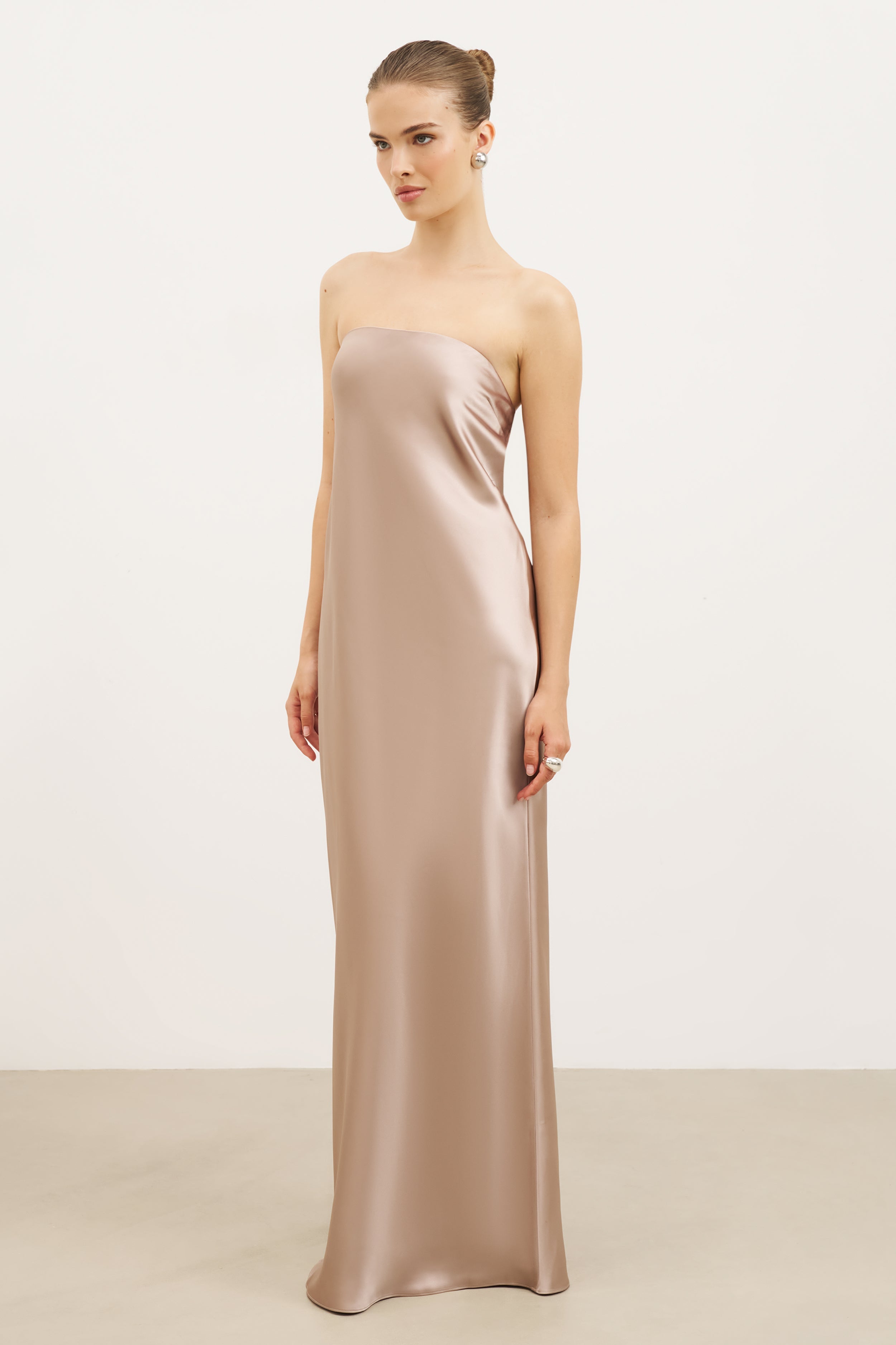 Satin Cowl Back Maxi Dress - Taupe