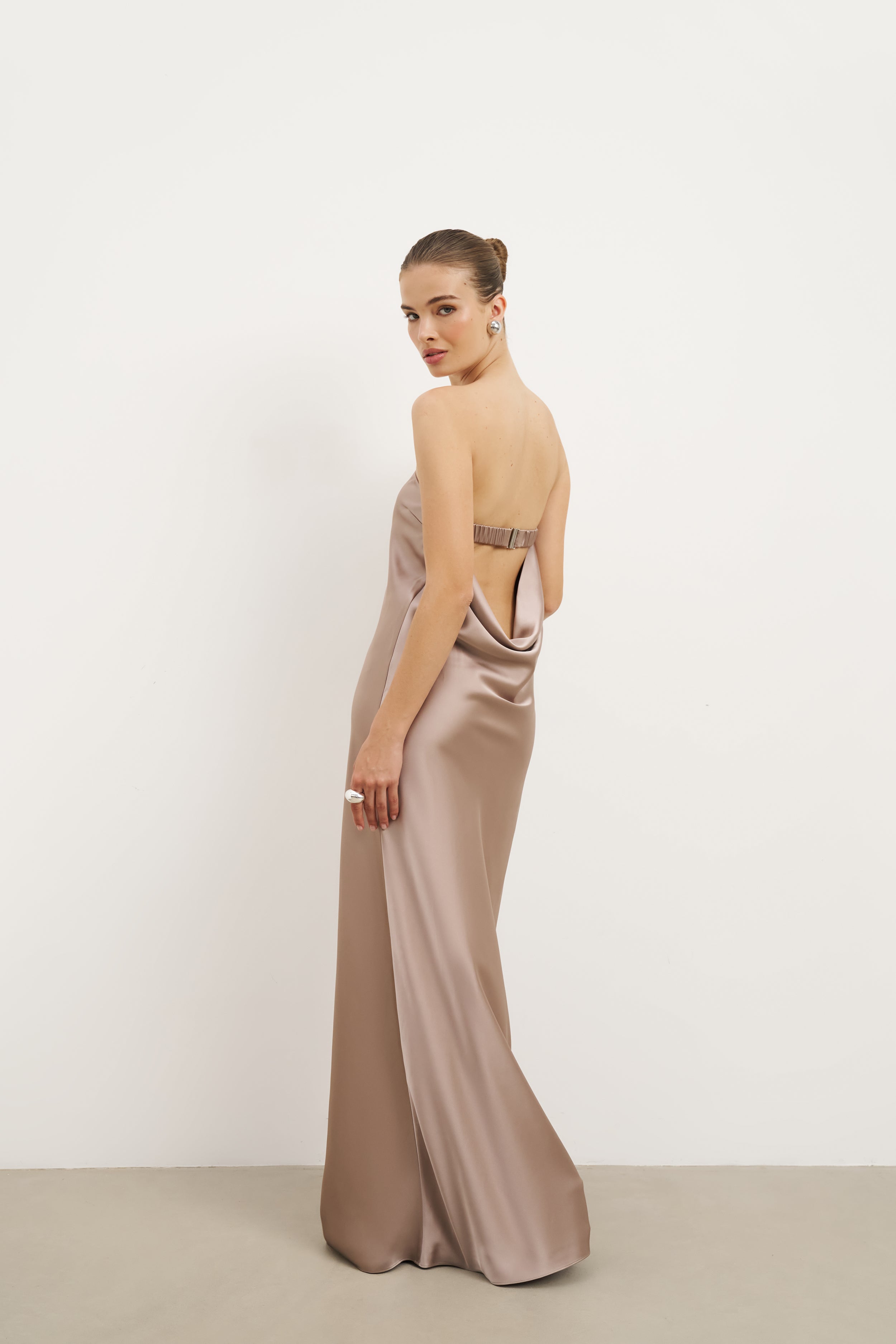 Satin Cowl Back Maxi Dress - Taupe