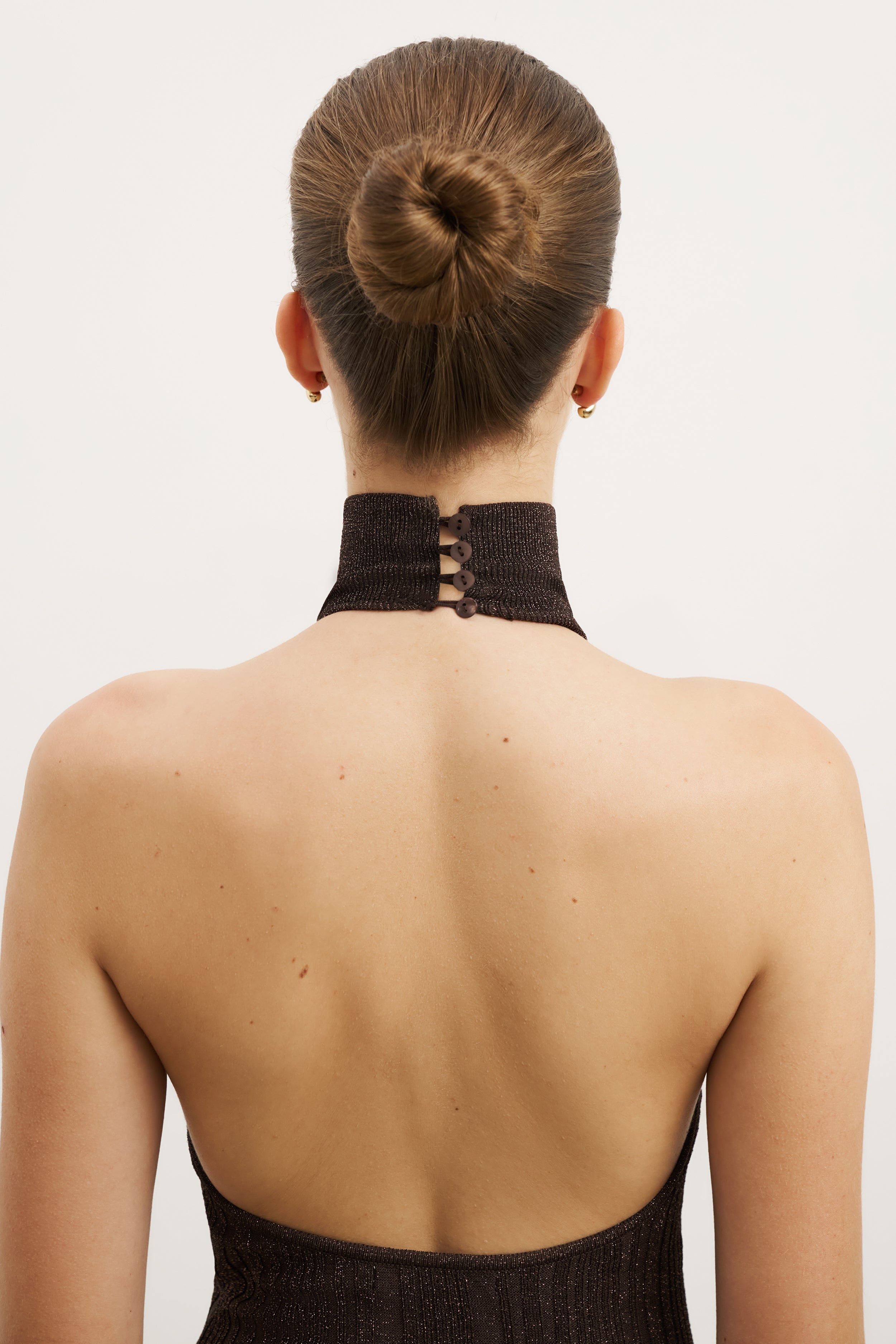 Fine Knit Gathered Halter Neck Maxi Dress - Carob Shimmer