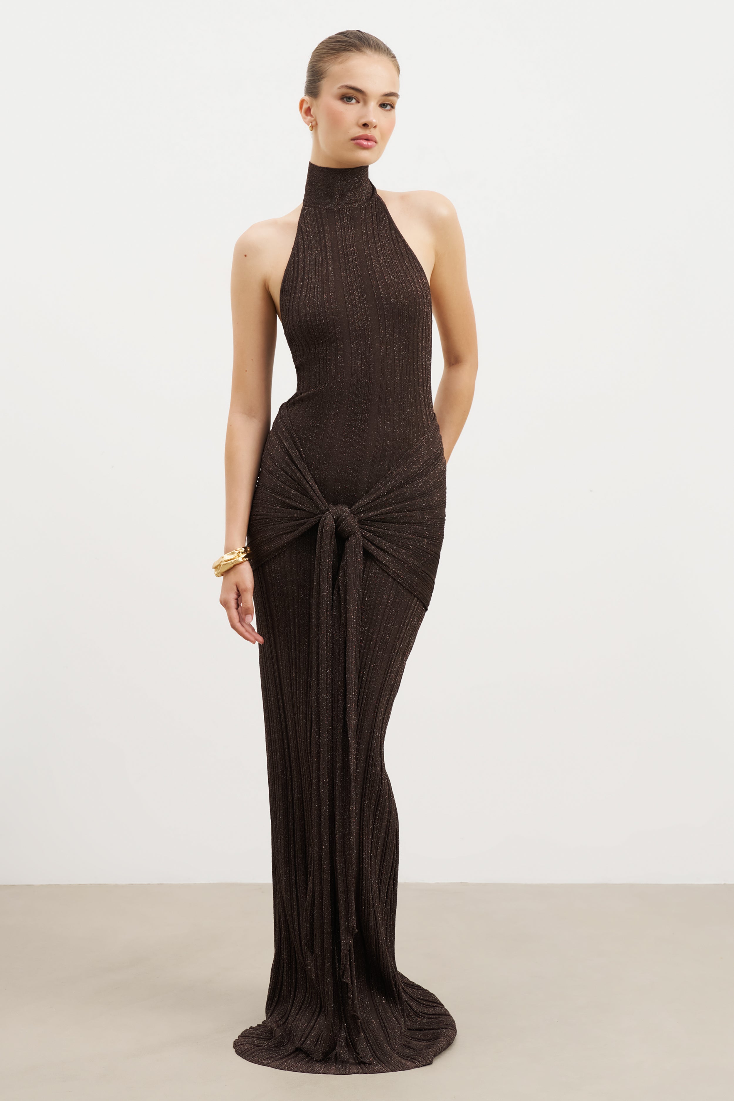 Fine Knit Gathered Halter Neck Maxi Dress - Carob Shimmer