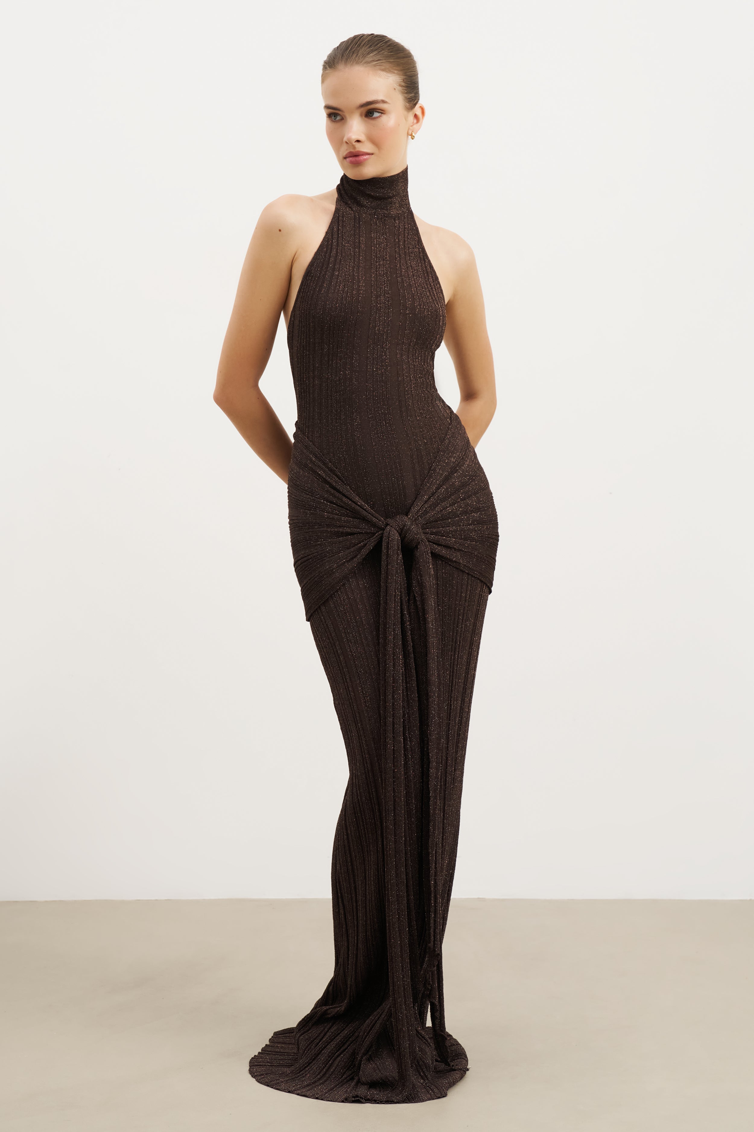 Fine Knit Gathered Halter Neck Maxi Dress - Carob Shimmer