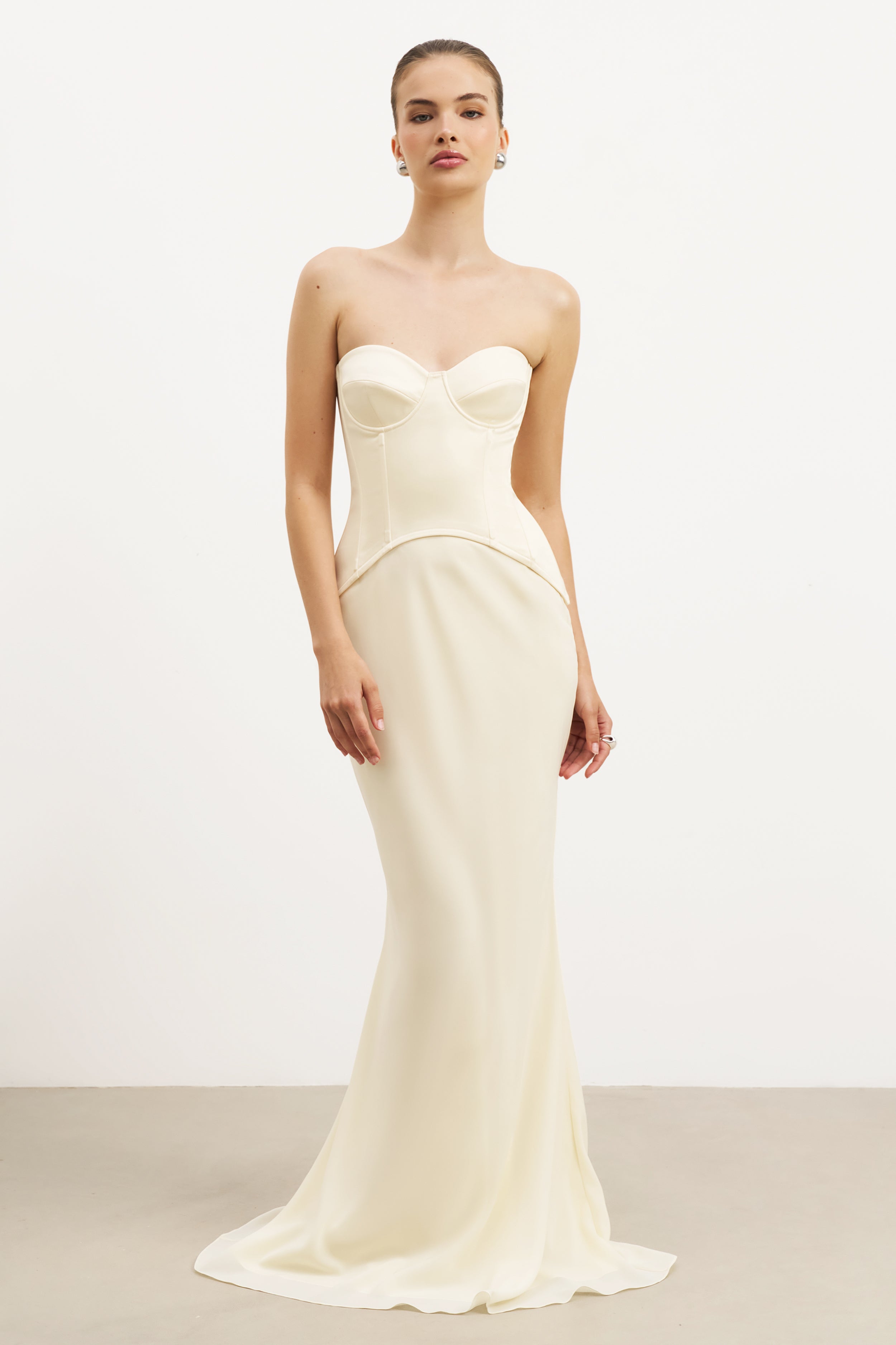 Satin Corset Gown with Sweetheart Neckline - Buttermilk | BOA US Satin Corset Gown with Sweetheart Neckline - Buttermilk | BOA US