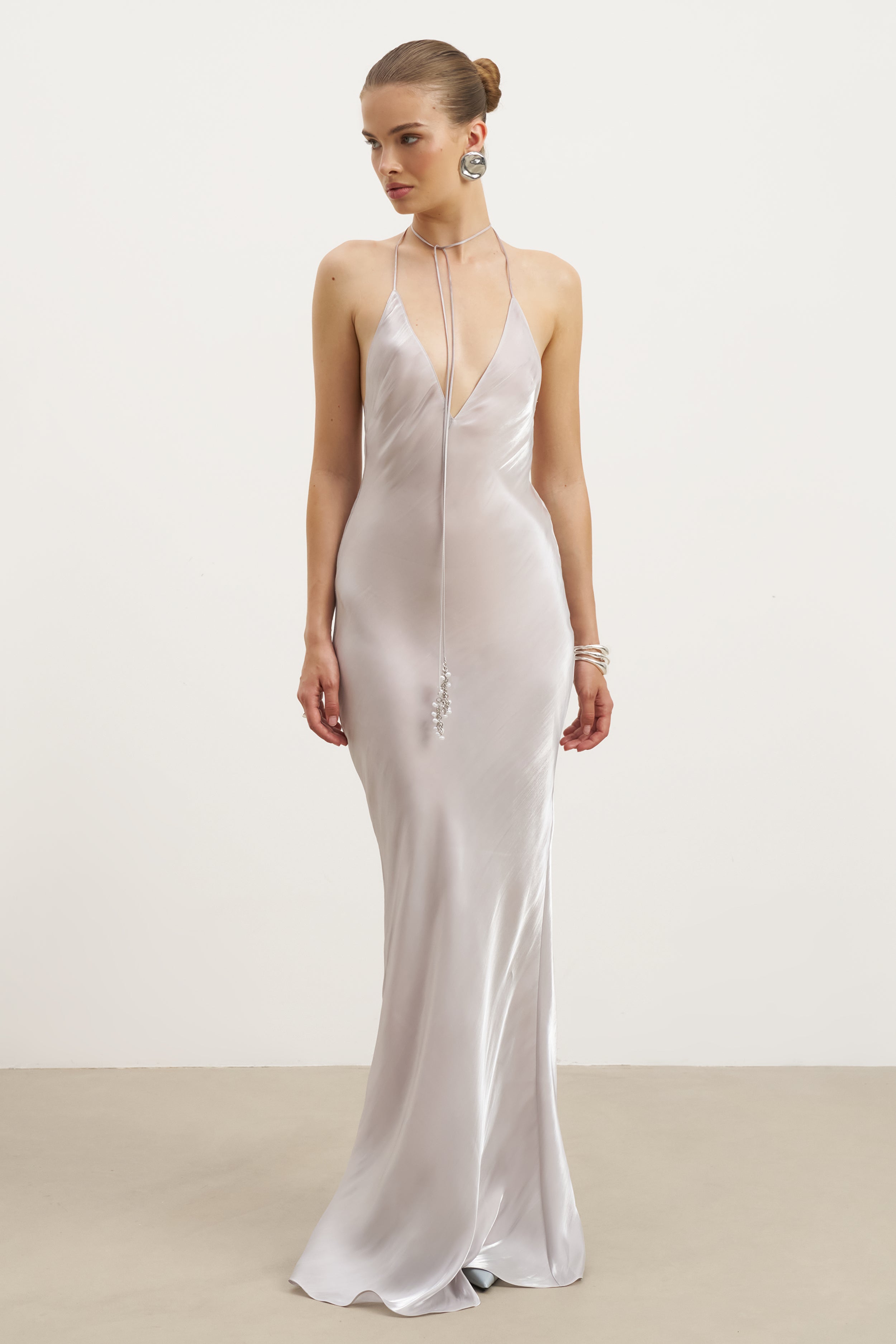 Pearl Detail Plunging Birthday Gown - Oyster Pearl