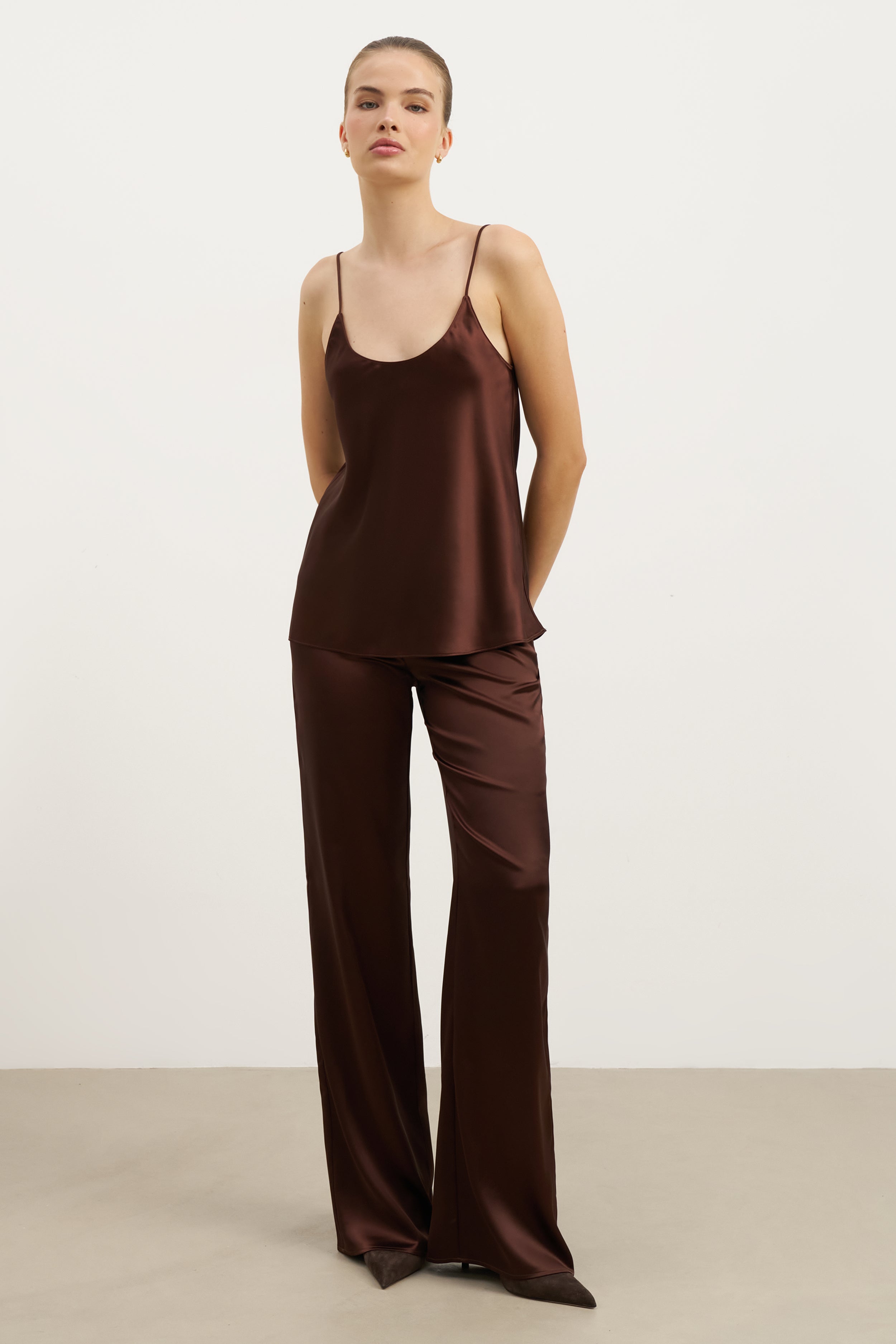 Formal Satin Straight Leg Trousers - Carob