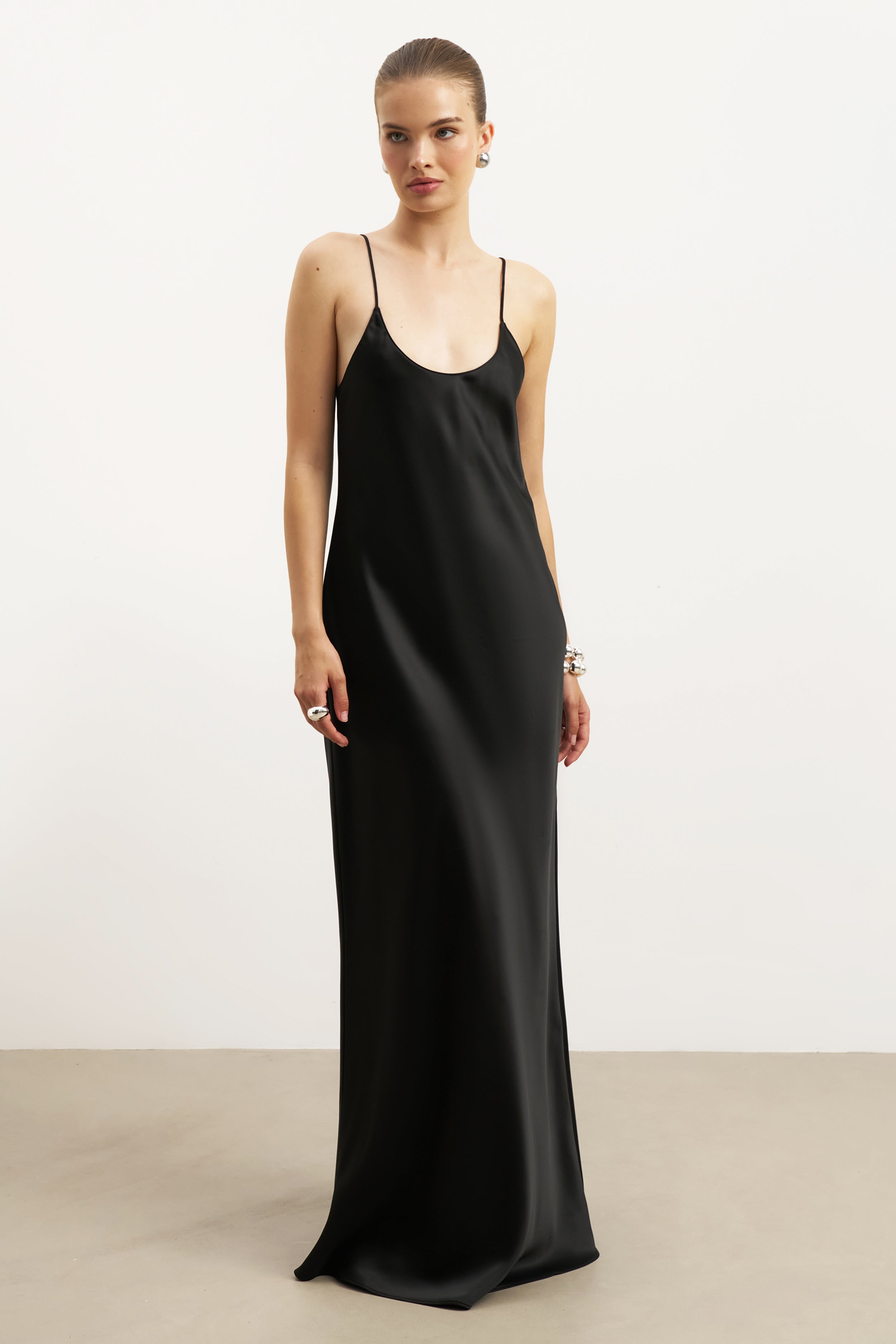 Satin Scoop Neck Camisole Maxi Dress - Black