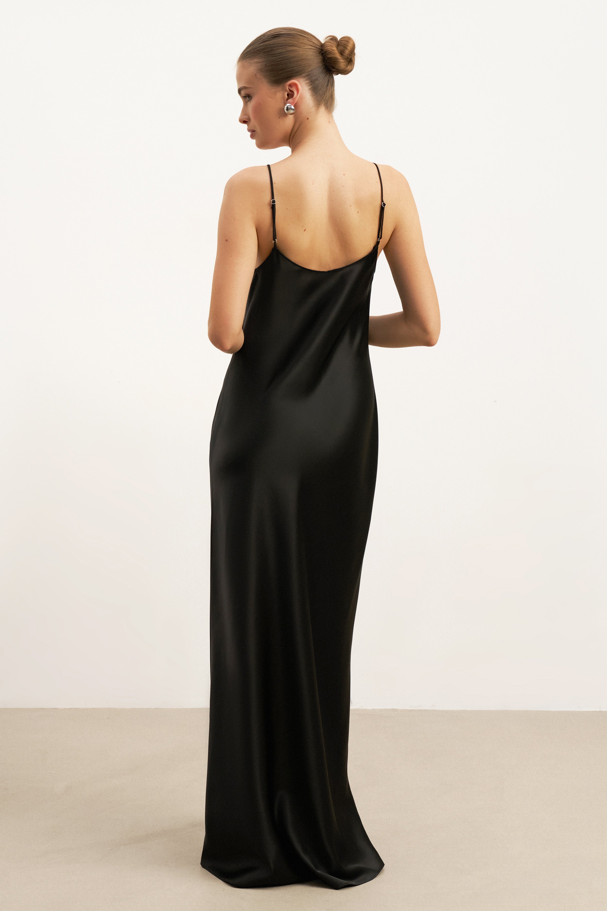 Satin Scoop Neck Camisole Maxi Dress - Black
