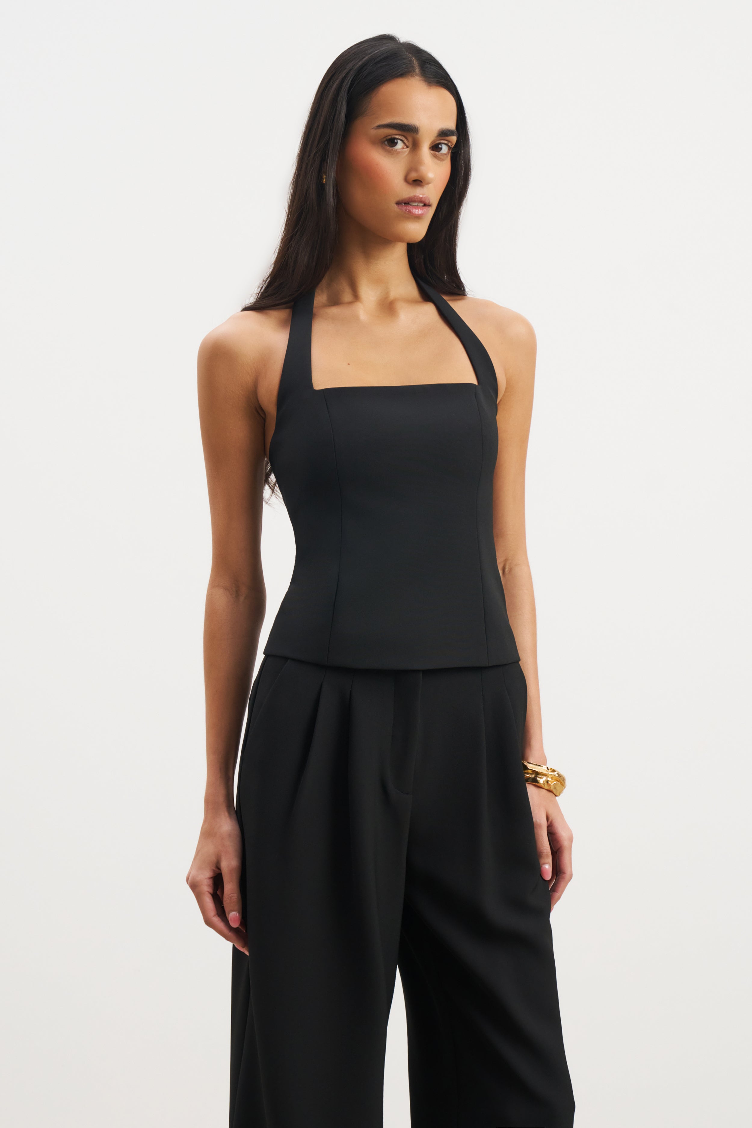 Effortless Tailored Halter Bodice Top - Black