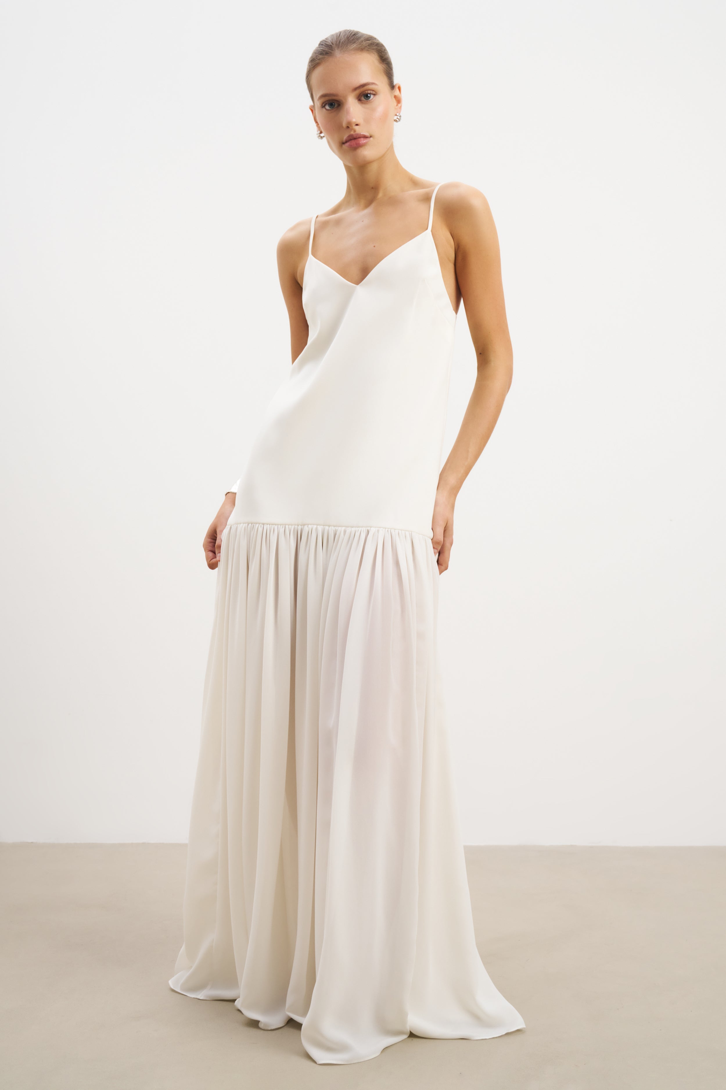Flowing Dropped Waist Maxi Dress - Cream