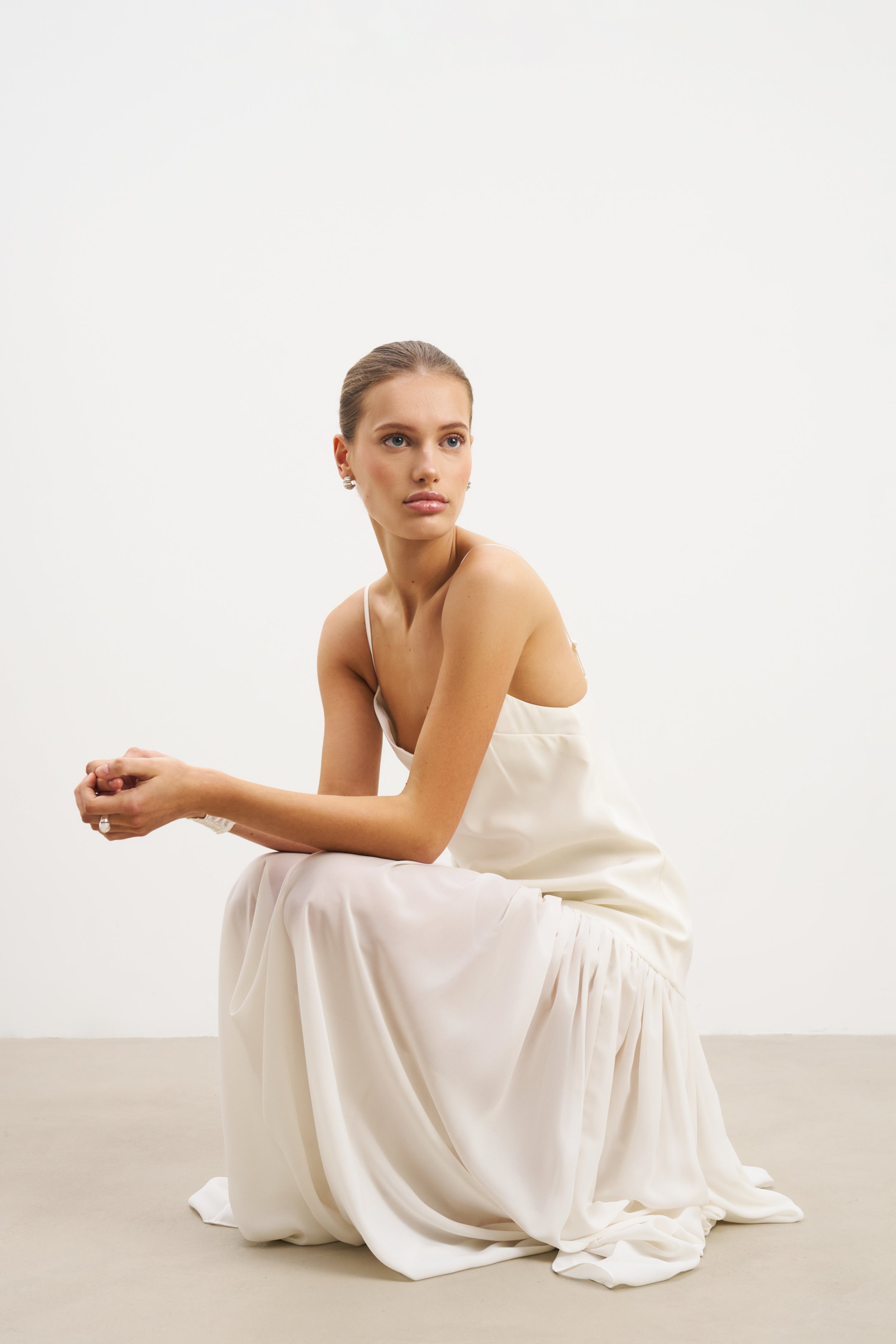 Flowing Dropped Waist Maxi Dress - Cream