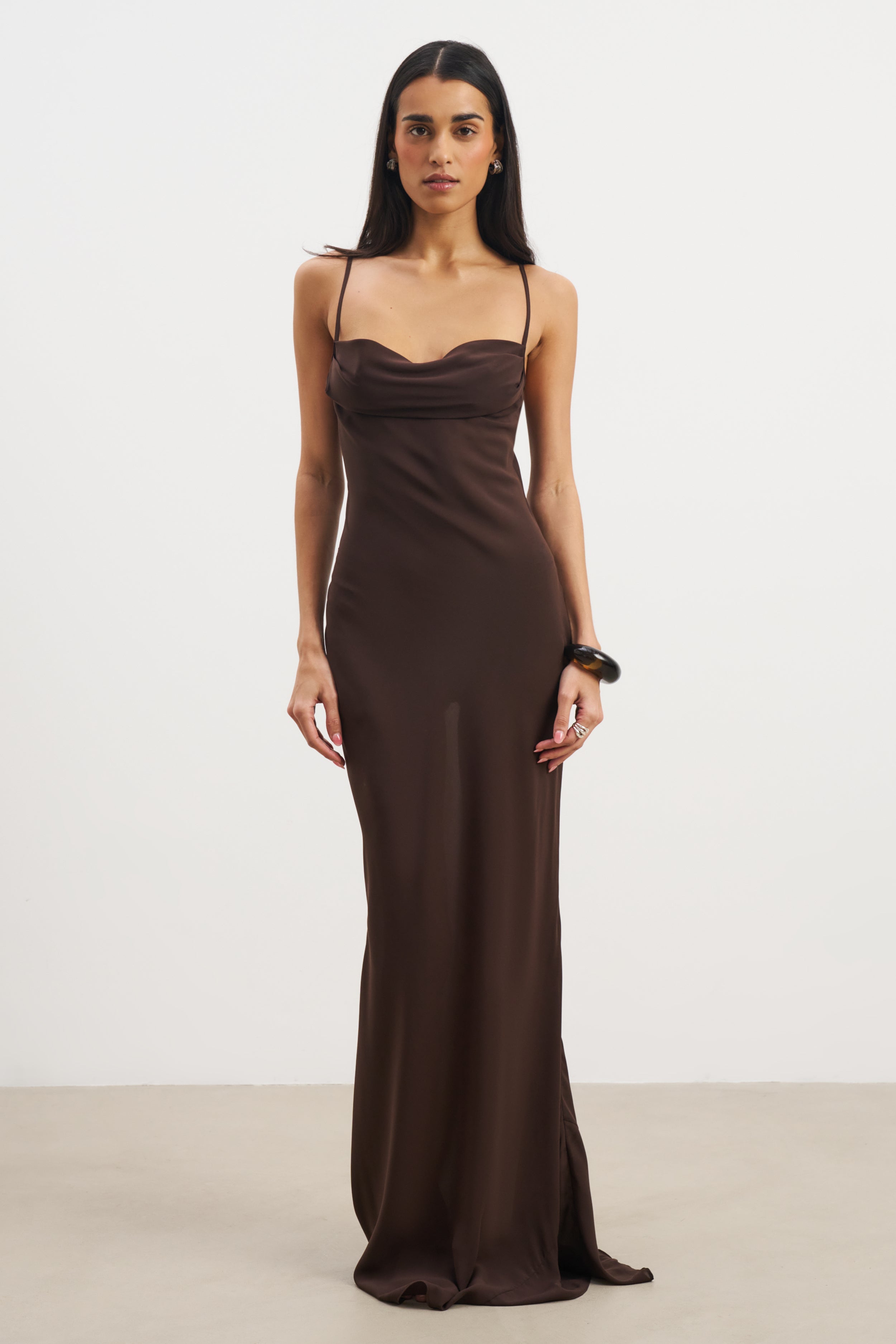 Sheer Ruched Chiffon Maxi Dress - Carob Sheer Ruched Chiffon Maxi Dress - Carob