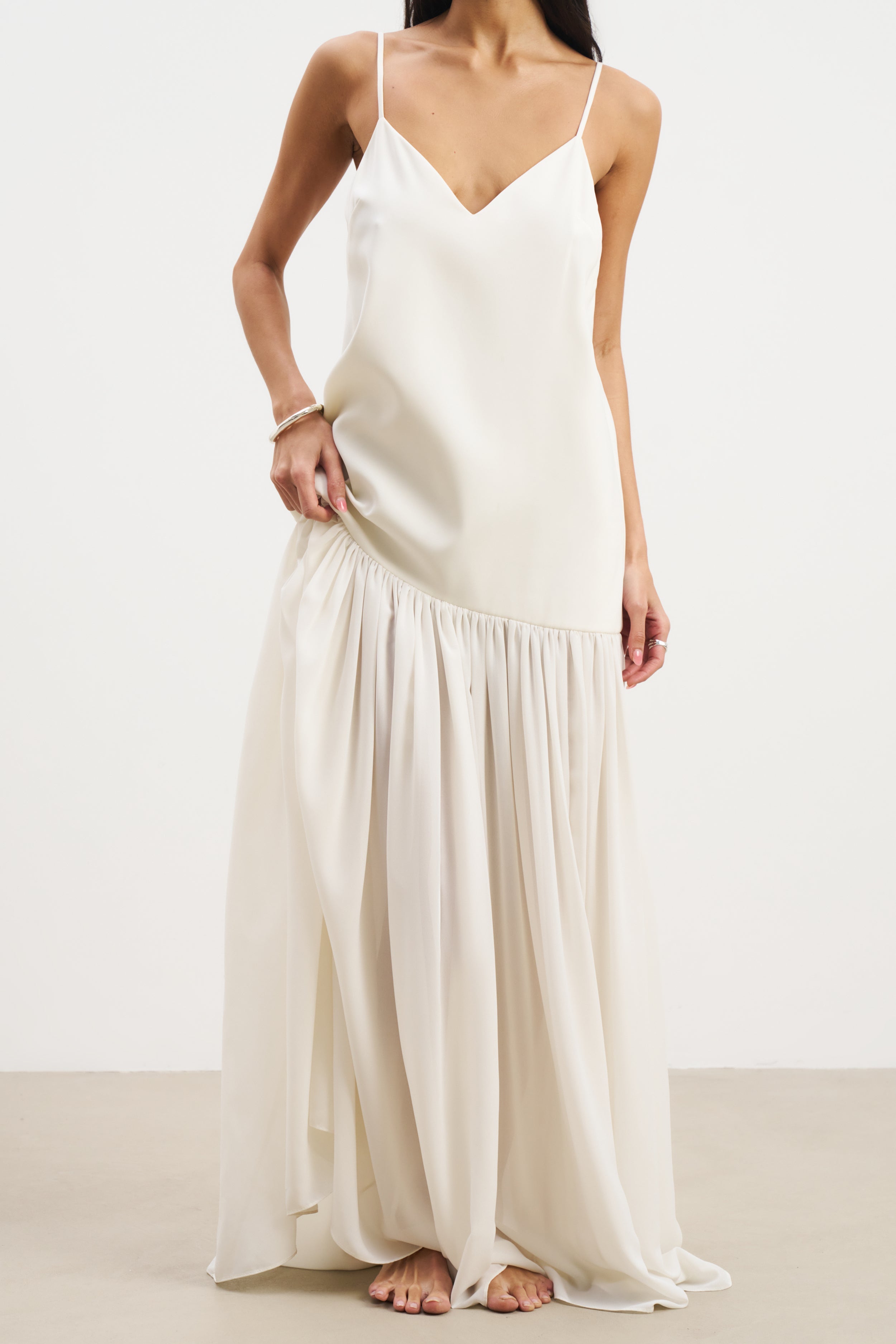 Flowing Dropped Waist Maxi Dress - Cream
