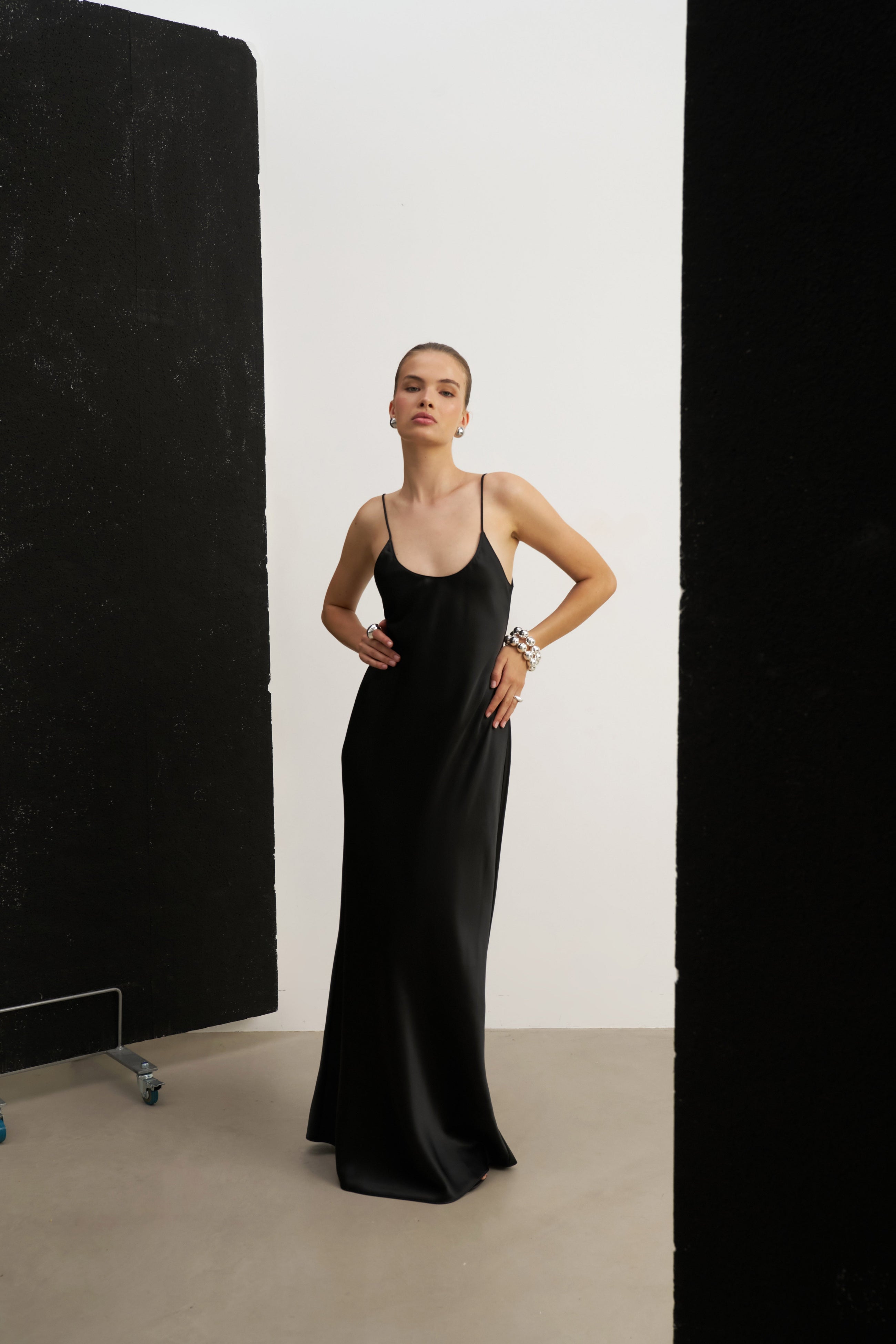 Satin Scoop Neck Camisole Maxi Dress - Black