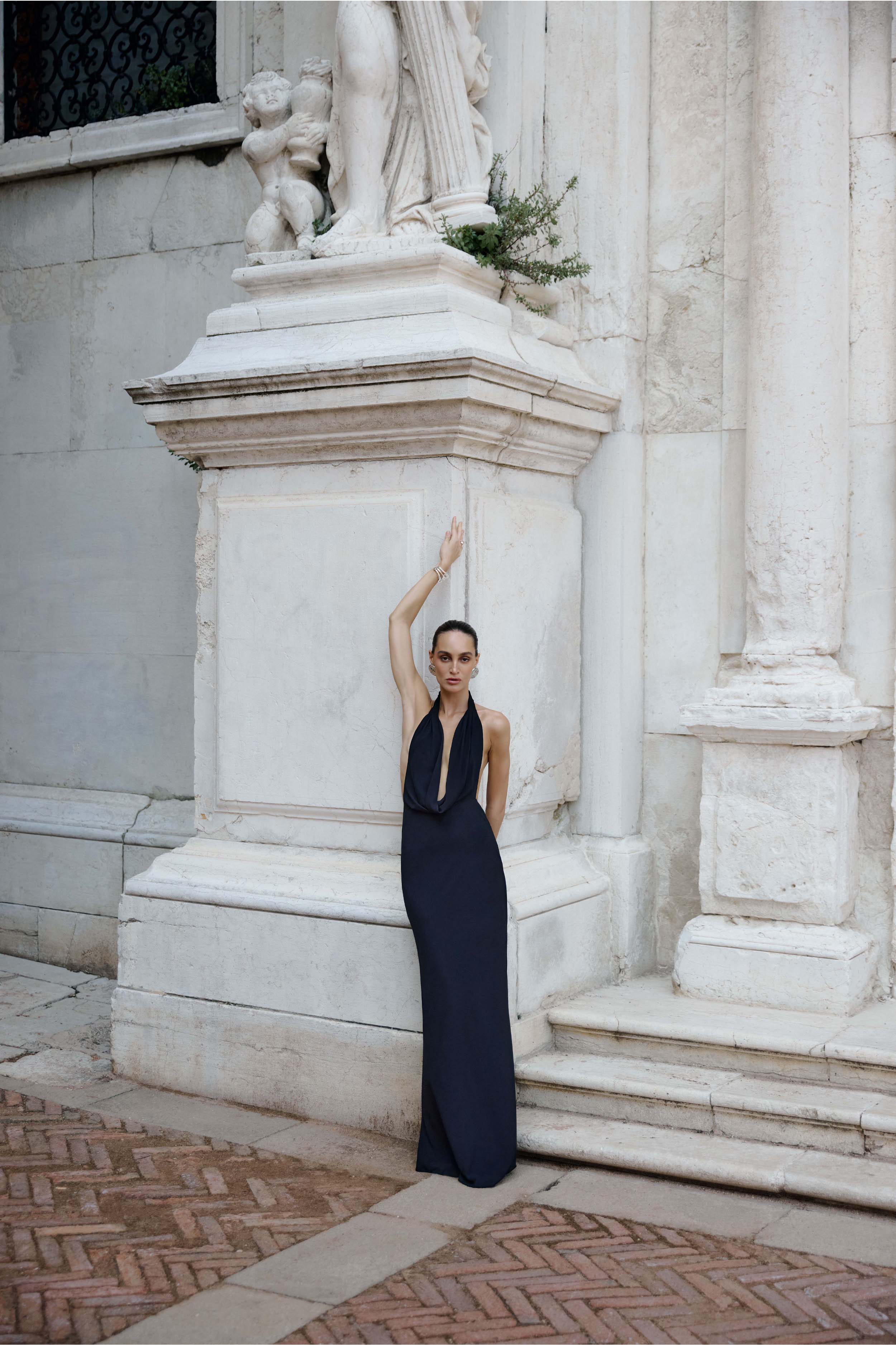 Chiffon Plunging Cowl Neck Maxi Dress - Black