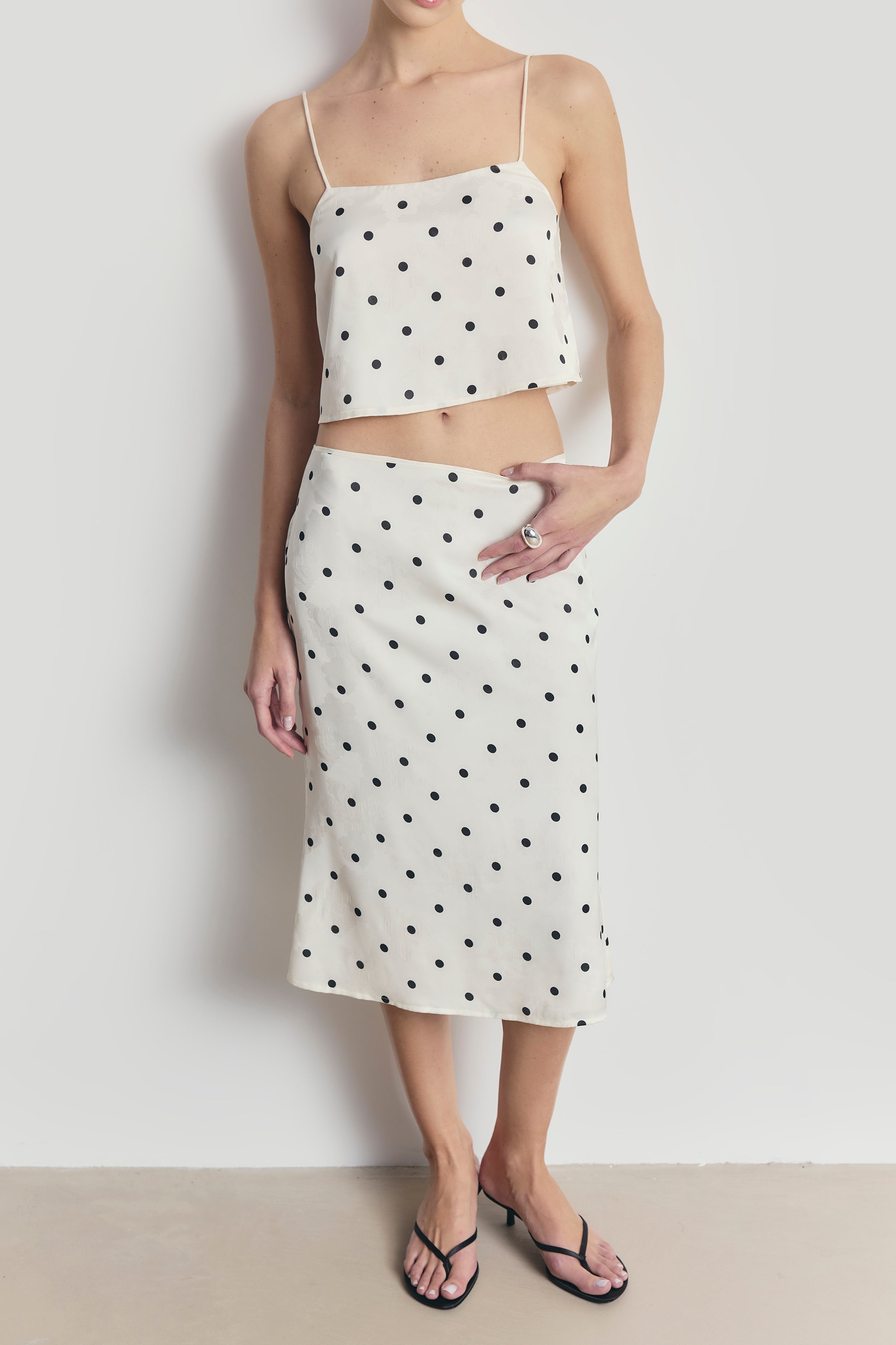 Satin Jacquard Polka Dot Midi Skirt - Cream Polka Dot
