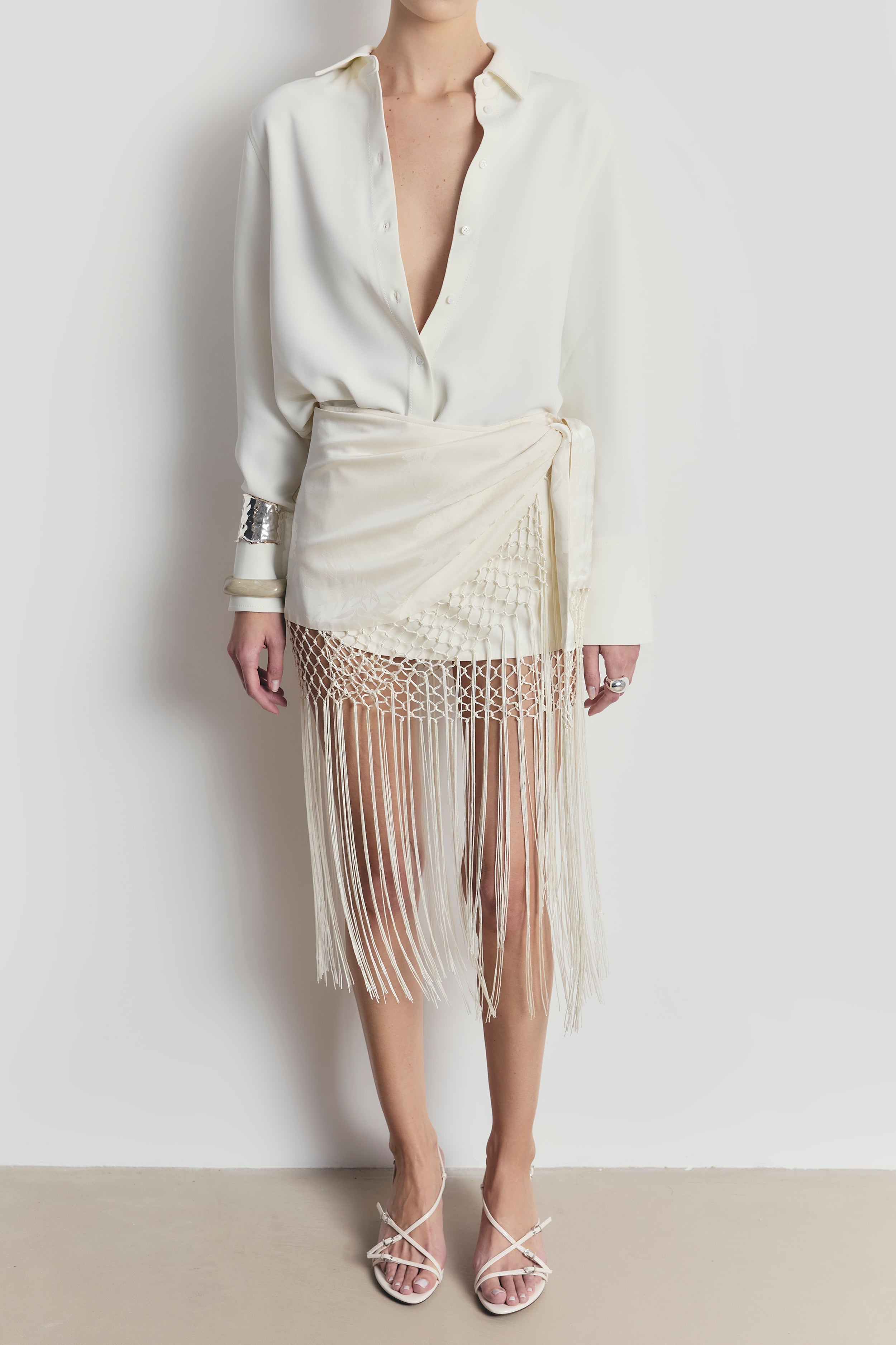 Satin Jacquard Sarong Midi Skirt with Fringing - Cream