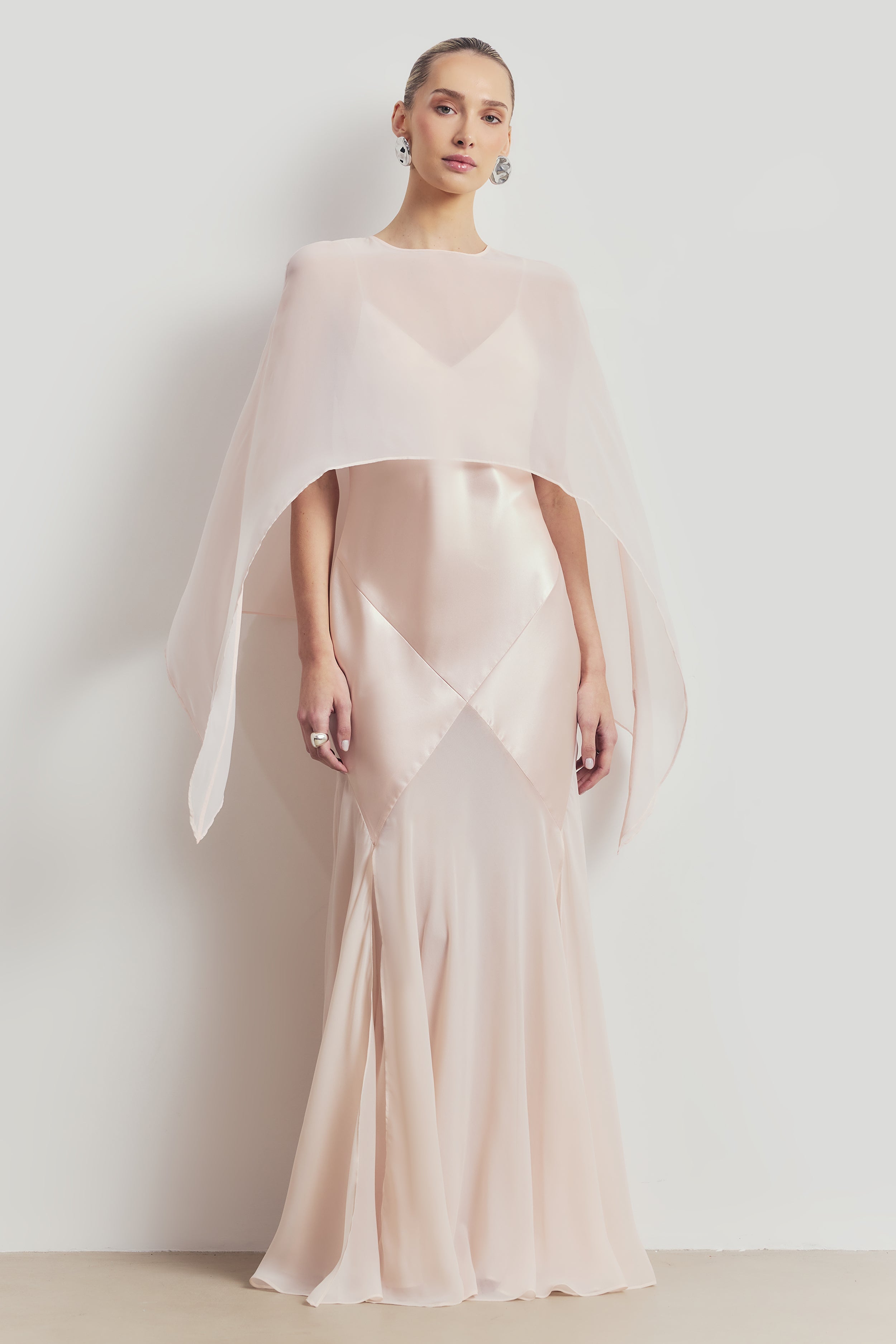 Sheer Chiffon Curved Hem Cape - Blush