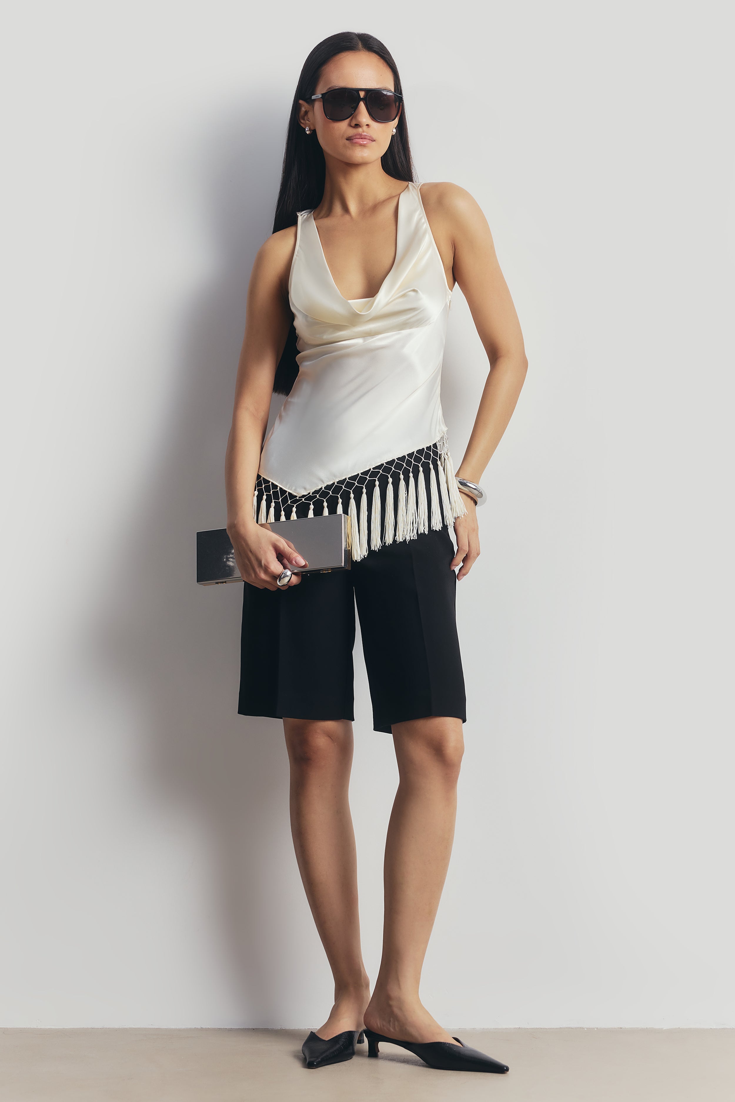 Satin Cowl Neck Tassel Hem Top - Cream