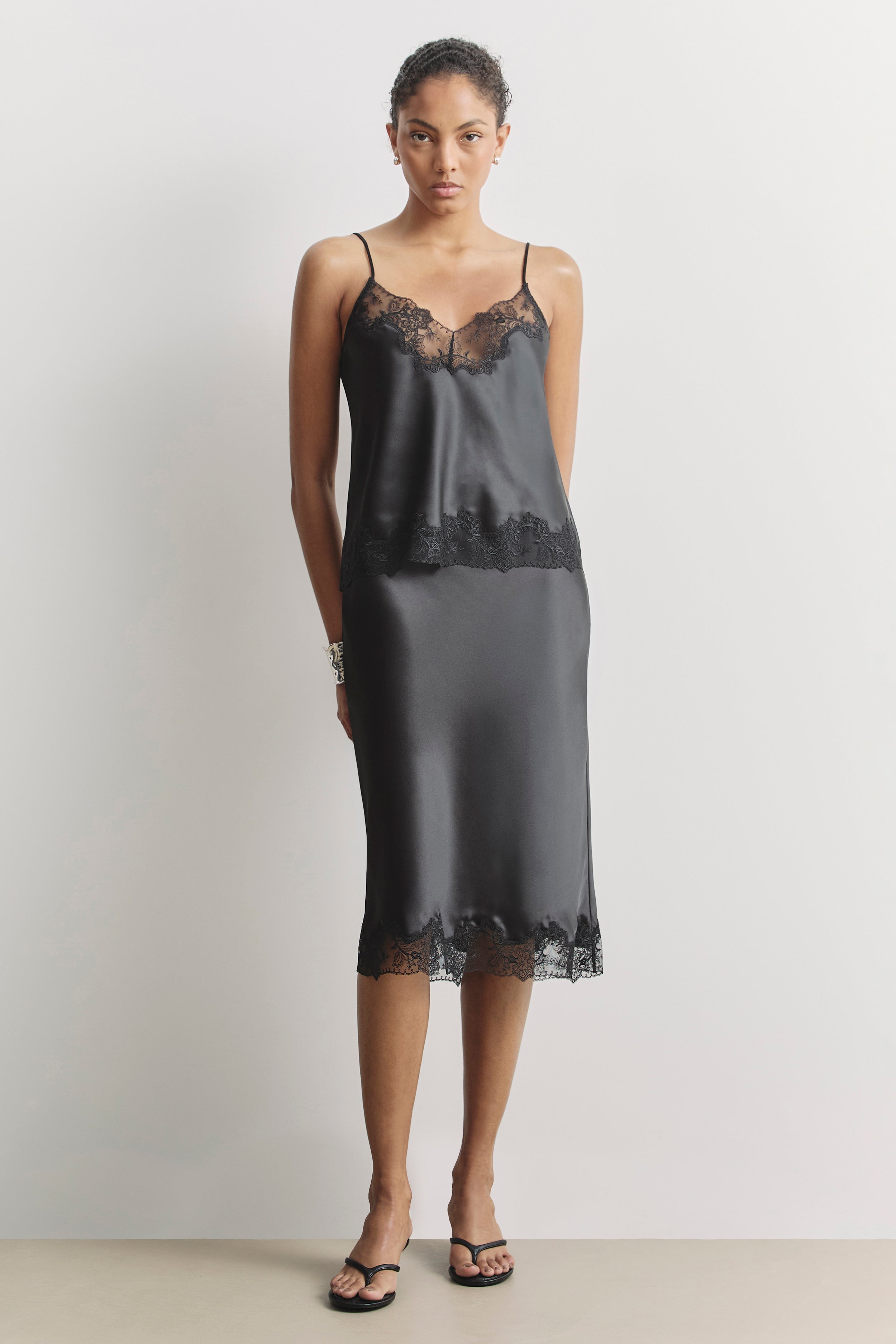 Satin Lace Detail Midi Skirt - Black