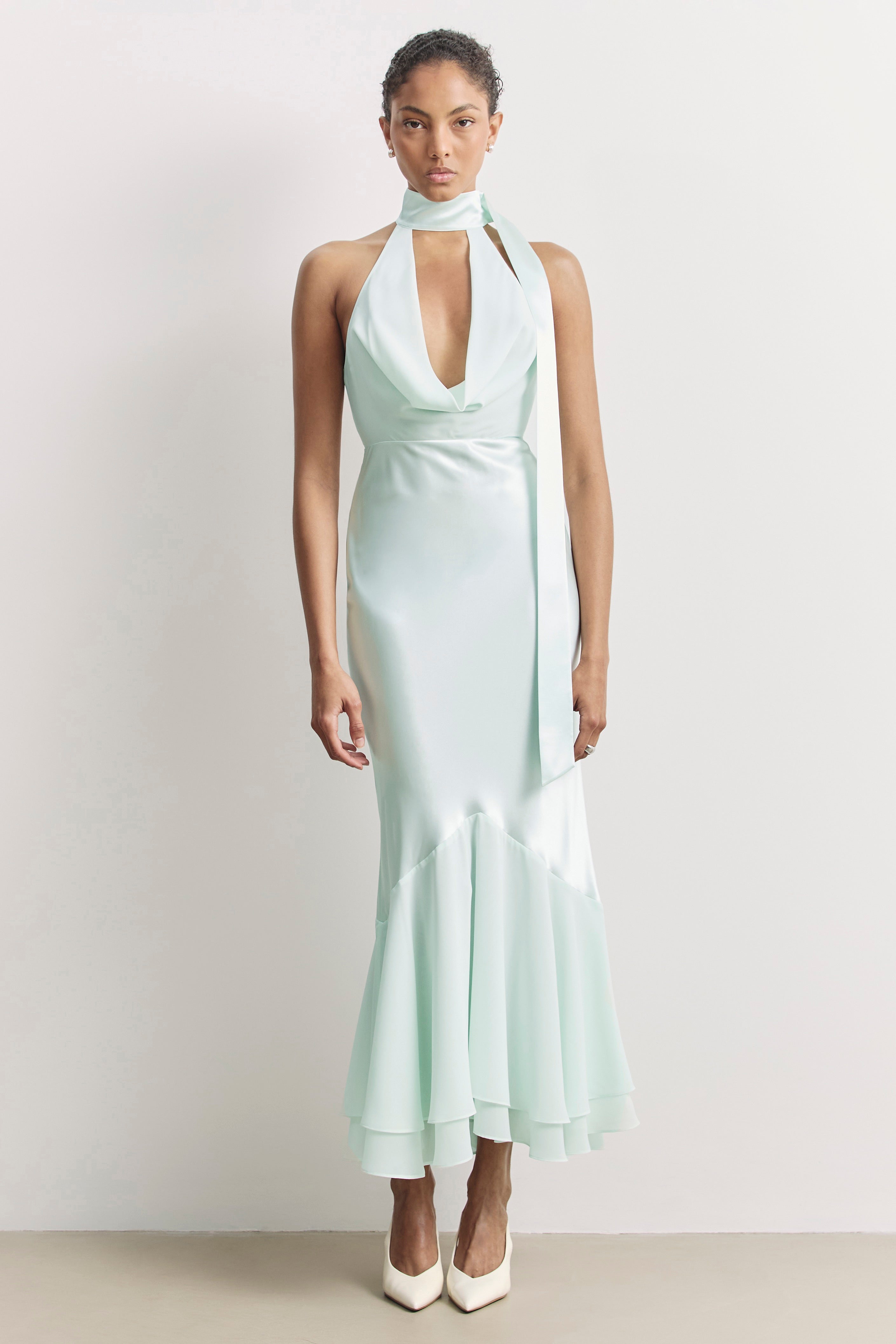celandine halter midi scarf dress Satin Panel Detail - Mint Wedding Guest Occasion Dress