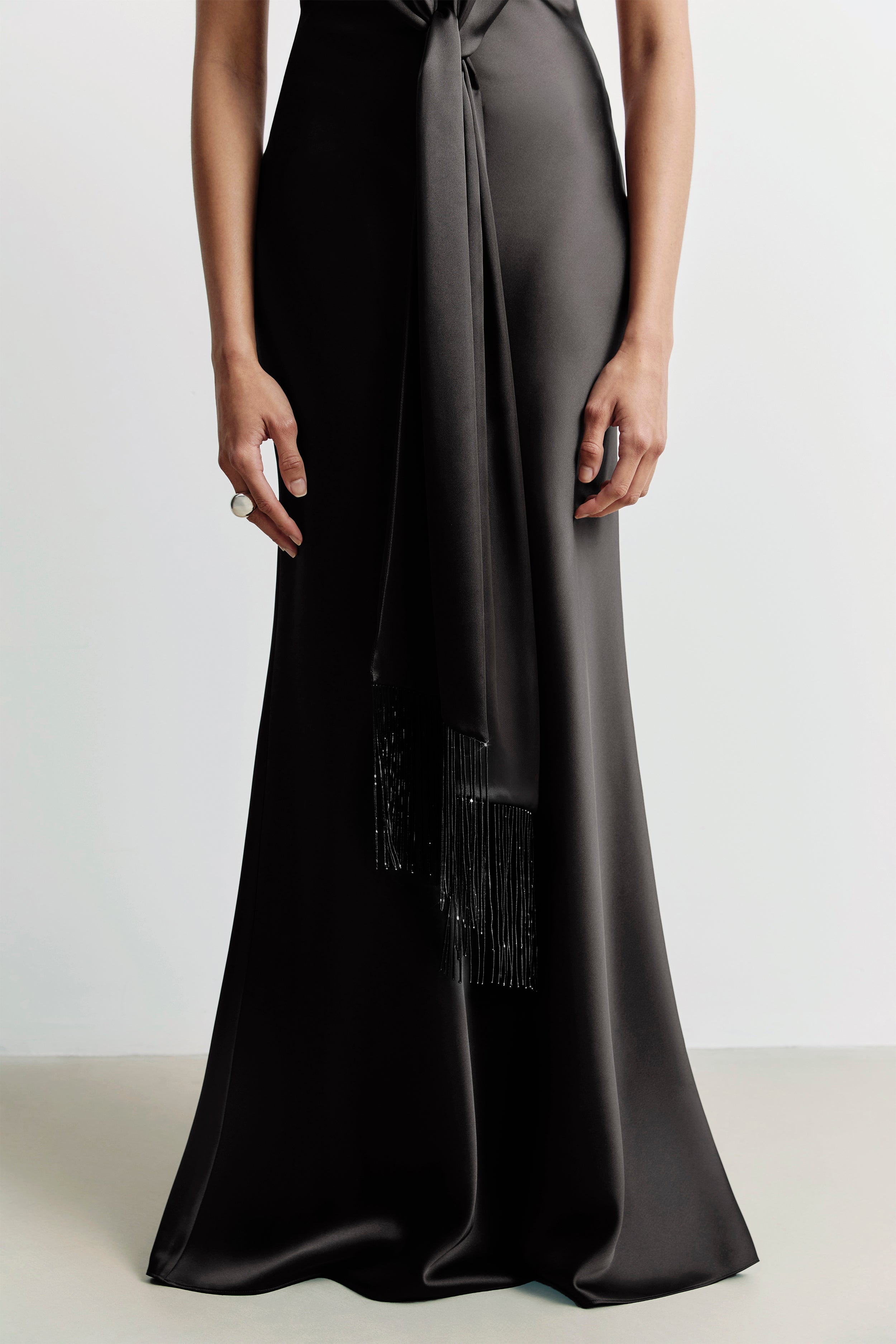 Plunging Knot Detail Gown with Fringing - Black