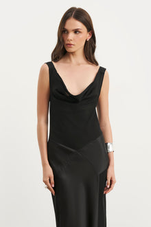 Cowl Neck Satin Panel Gown - Black
