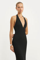Plunging V Neck Halter Gown - Black