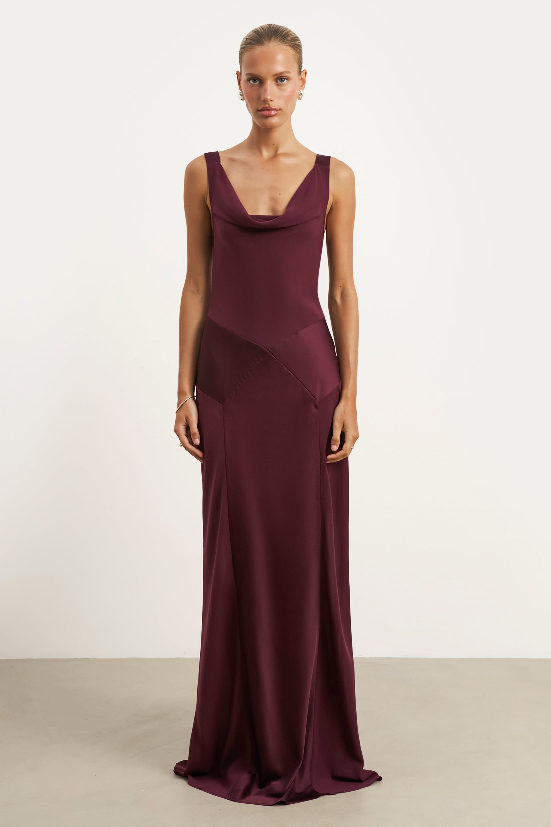 Sheer Chiffon Cowl Neck Satin Panel Gown - Mulberry