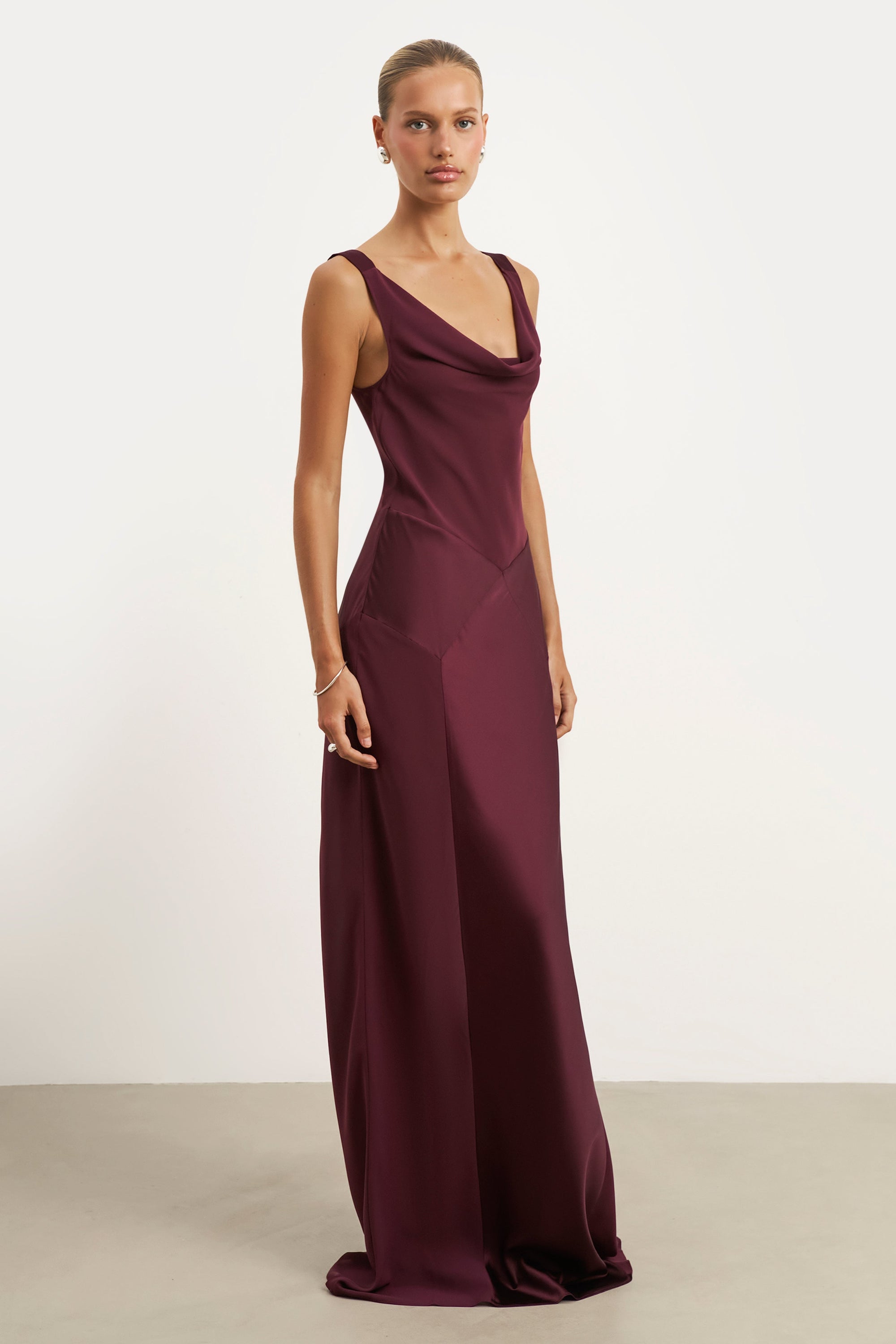 Sheer Chiffon Cowl Neck Satin Panel Gown - Mulberry | BOA US Sheer Chiffon Cowl Neck Satin Panel Gown - Mulberry | BOA US