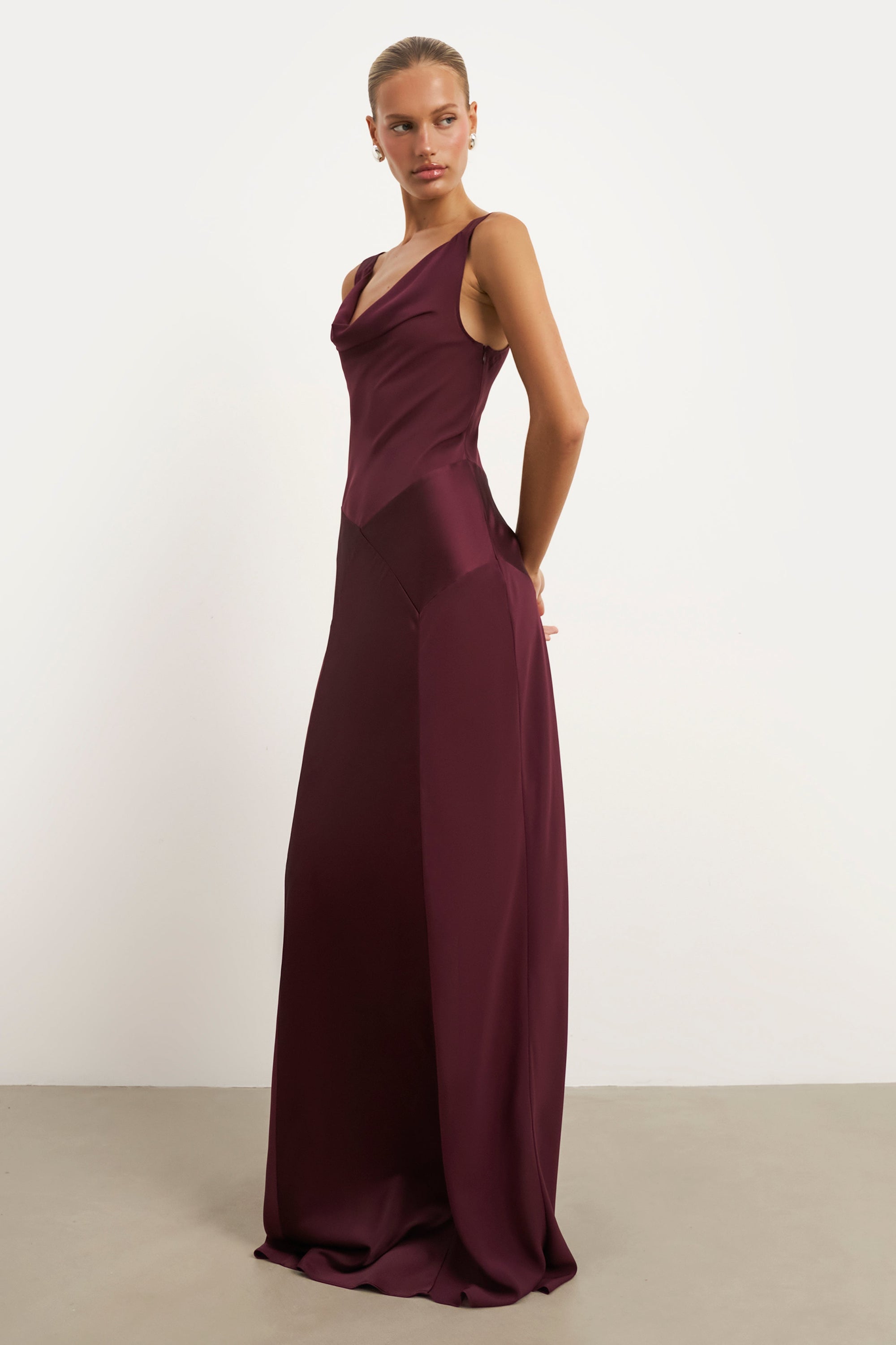 Sheer Chiffon Cowl Neck Satin Panel Gown - Mulberry | BOA US Sheer Chiffon Cowl Neck Satin Panel Gown - Mulberry | BOA US