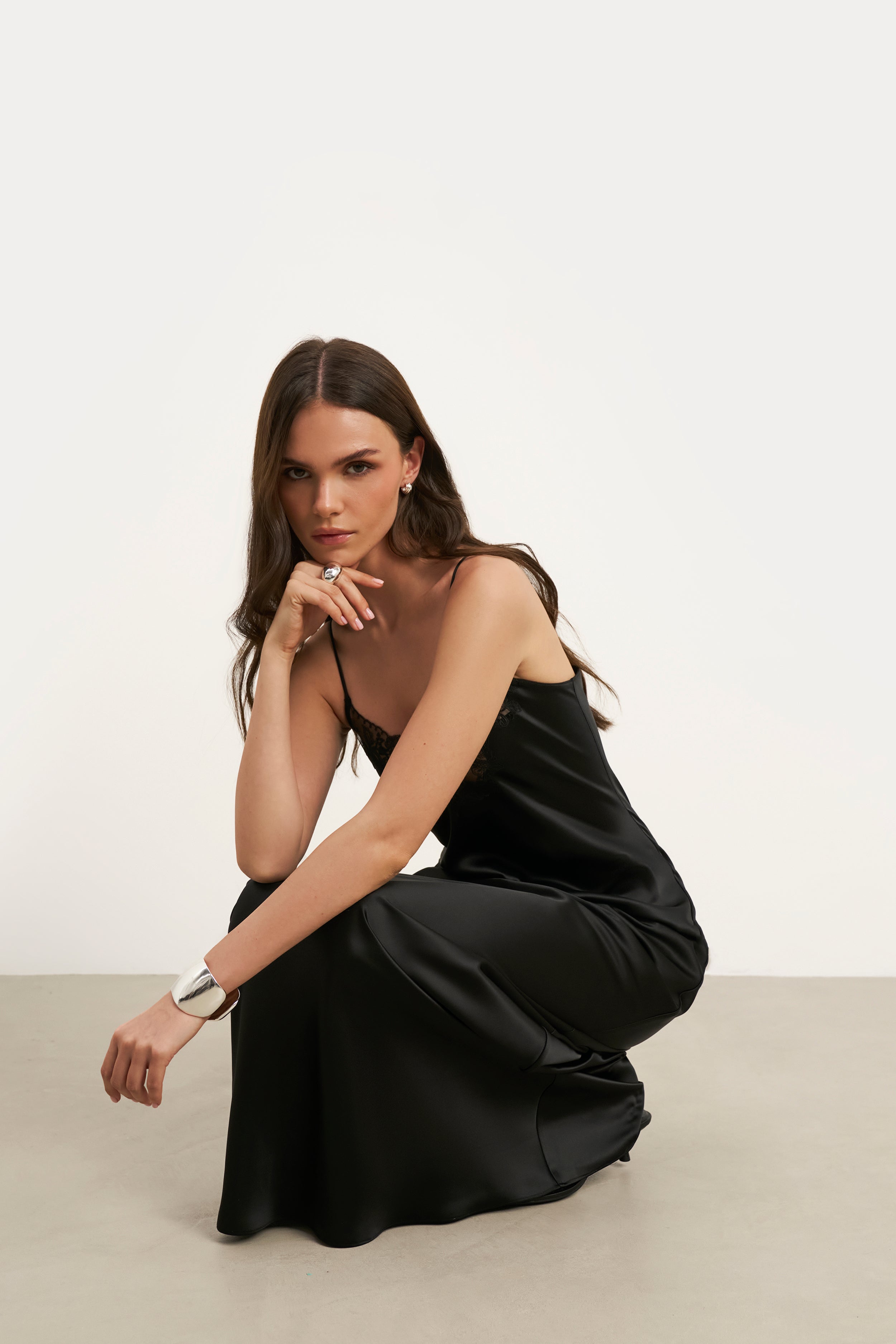 Satin Lace Detail Camisole Maxi Dress - Black | BOA US