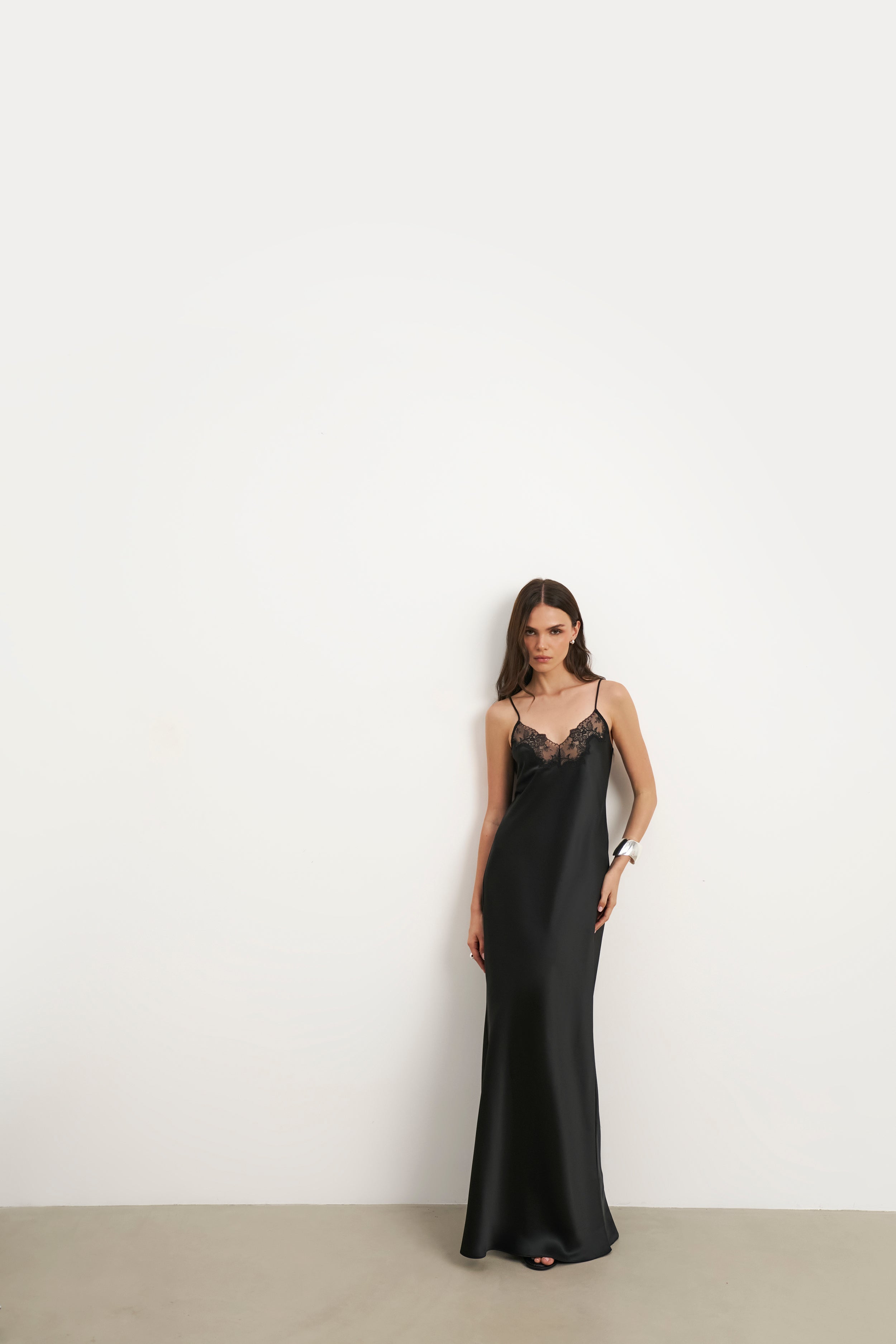 Satin Lace Detail Camisole Maxi Dress - Black | BOA US