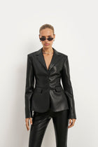 Cinched Waist Leather Blazer - Black