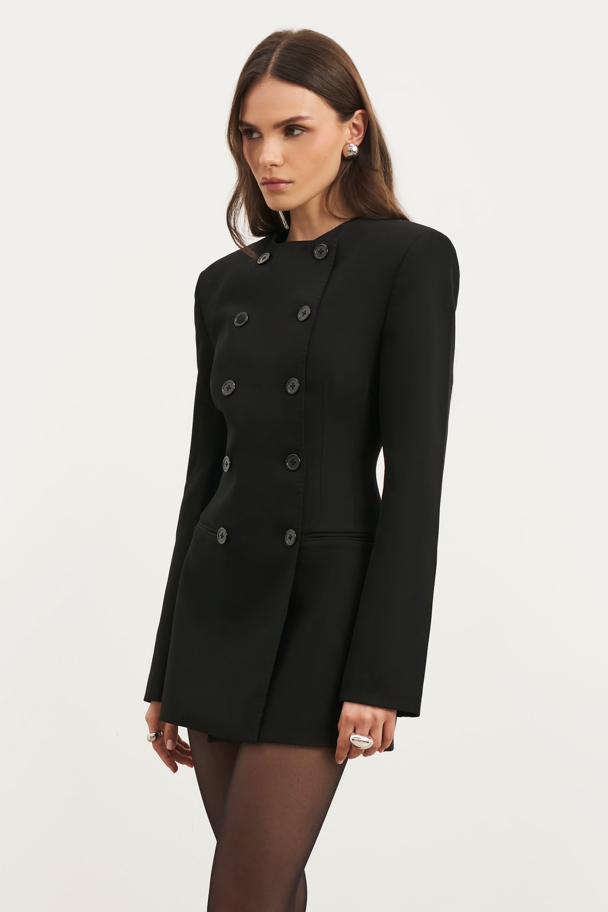 black a double buttons dress Black Blazer Dress for Women Double-breasted Long Sleeve A-line Workwear