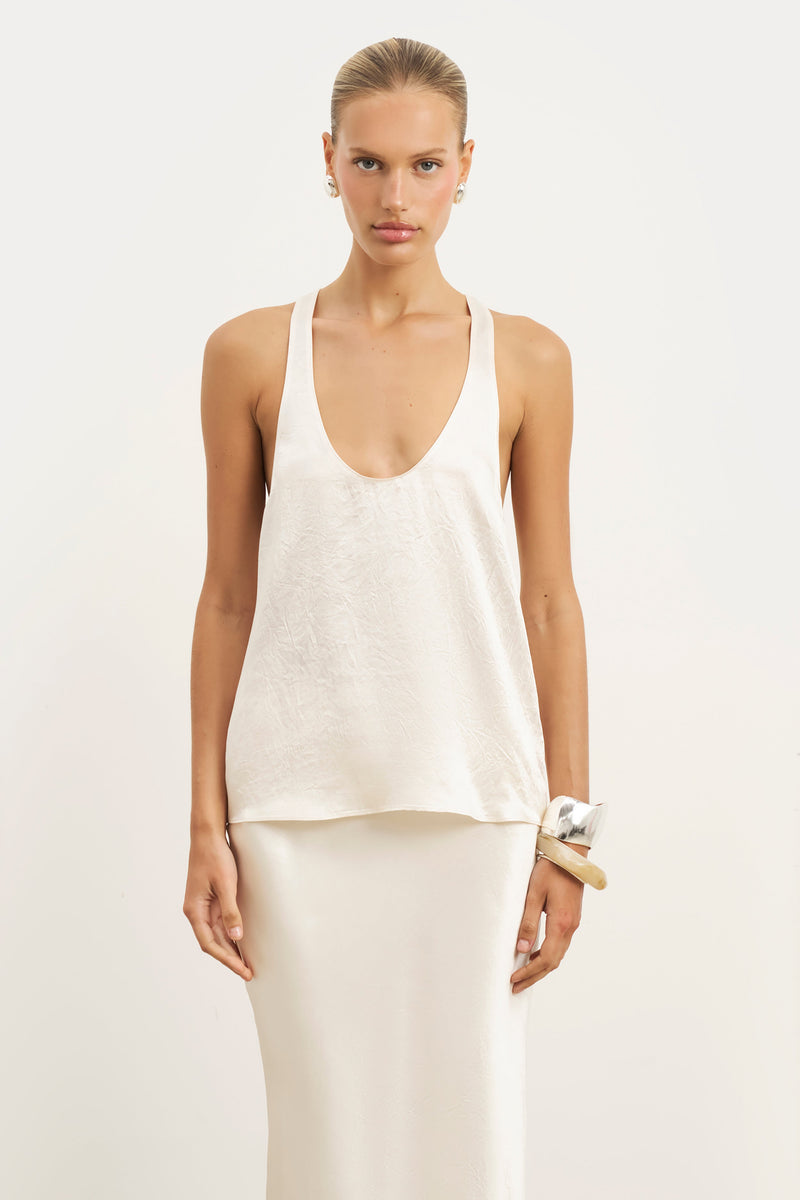Crushed Satin Plunge U Neck Tank Top - Champagne