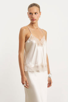 Satin Lace Detail Midi Skirt - Champagne