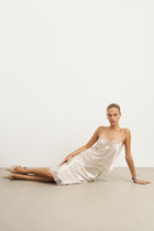 Satin Lace Detail Midi Skirt - Champagne