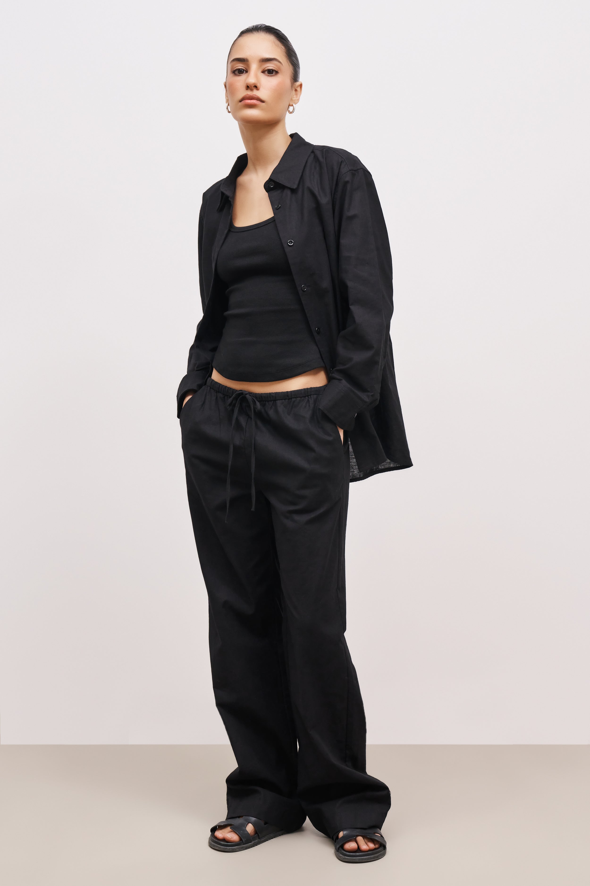 Linen Drawstring Wide Leg Trousers - Black