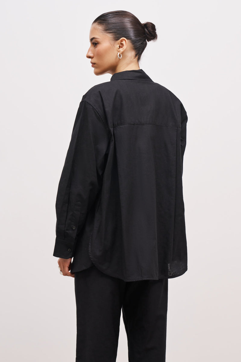 Linen Long Sleeve Boyfriend Shirt - Black